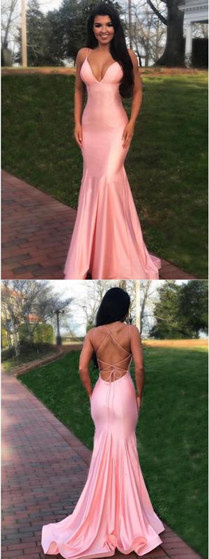 Elegant Pink Mermaid Prom Dress with Spaghetti Straps & V-Neck Backless Design - Perfect for Homecoming, Formal Dances & Special Occasions