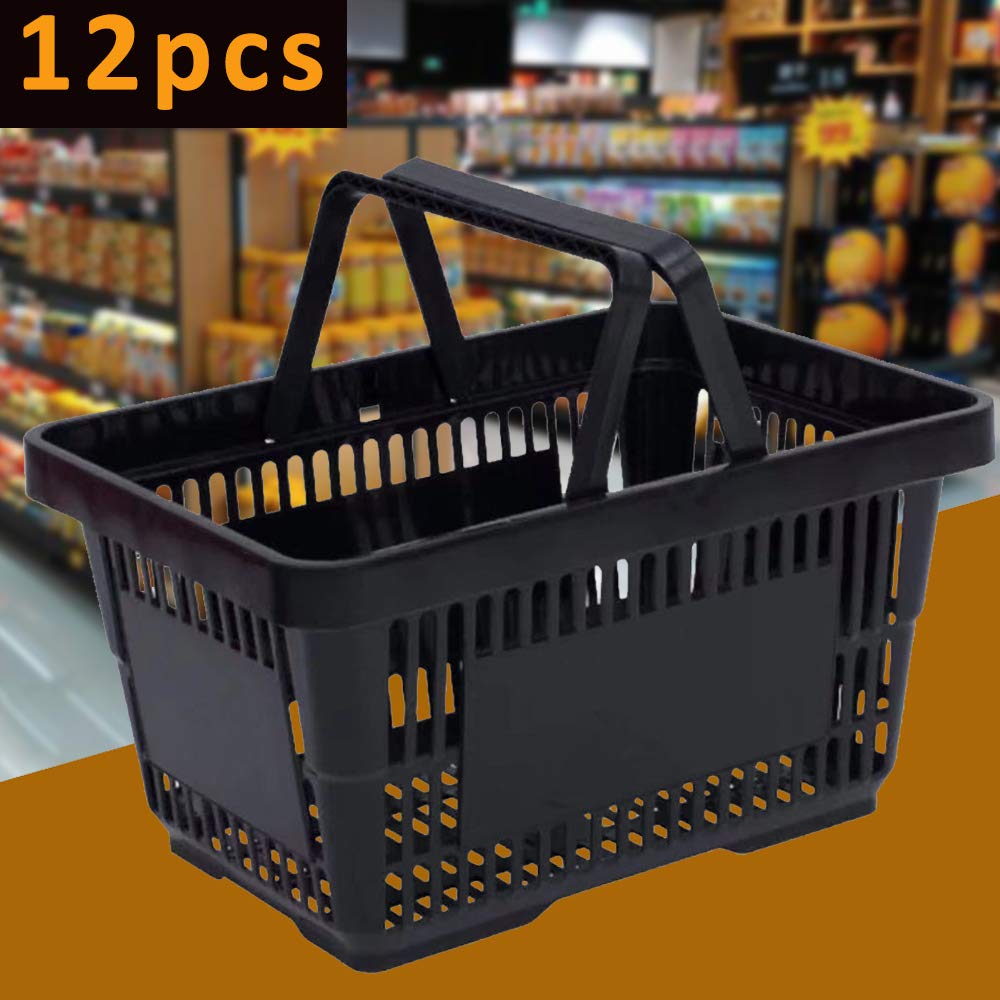 12 Pack Black Plastic Shopping Baskets with Handles - Durable Retail Grocery Baskets for Supermarket, Convenience Store & Home Organization - Perfect for Shopping, Storage & Display