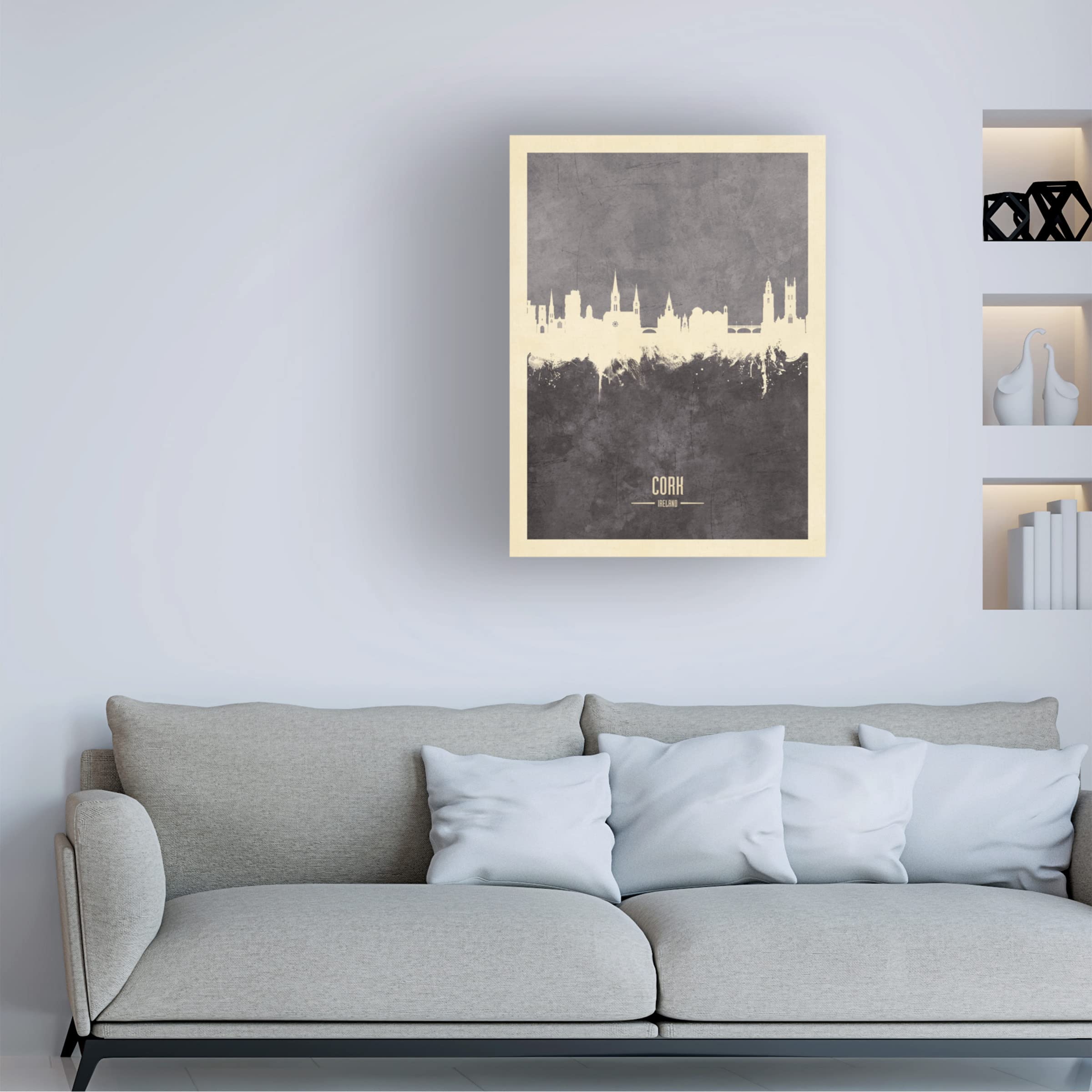 Michael Tompsett 'Cork Ireland Skyline Gray' Canvas Wall Art Print - Modern Cityscape Painting for Living Room, Office & Home Decor