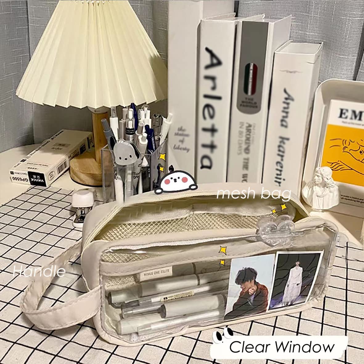 **Kawaii Aesthetic Clear Pencil Case for School - Cute Transparent Pencil Pouch for Teen Girls & Students - Perfect for Organizing Pens, Markers & Art Supplies (Cream)**    *(Ideal for School, College, Office & Travel - Stylish & Functional Stationery Accessory)*