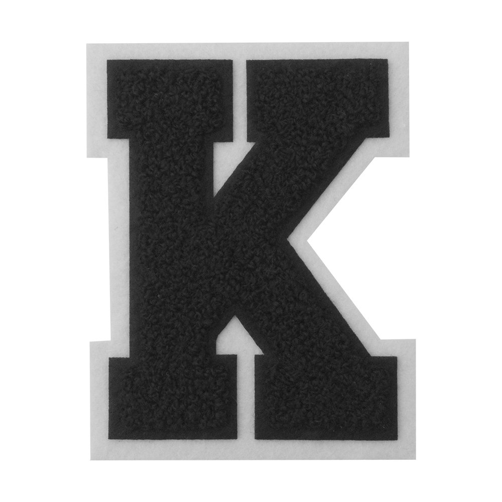 K - Black on White - 4.5 Inch Heat Seal & Sew On Chenille Varsity Letter Patch for Jackets, Bags & DIY Crafts