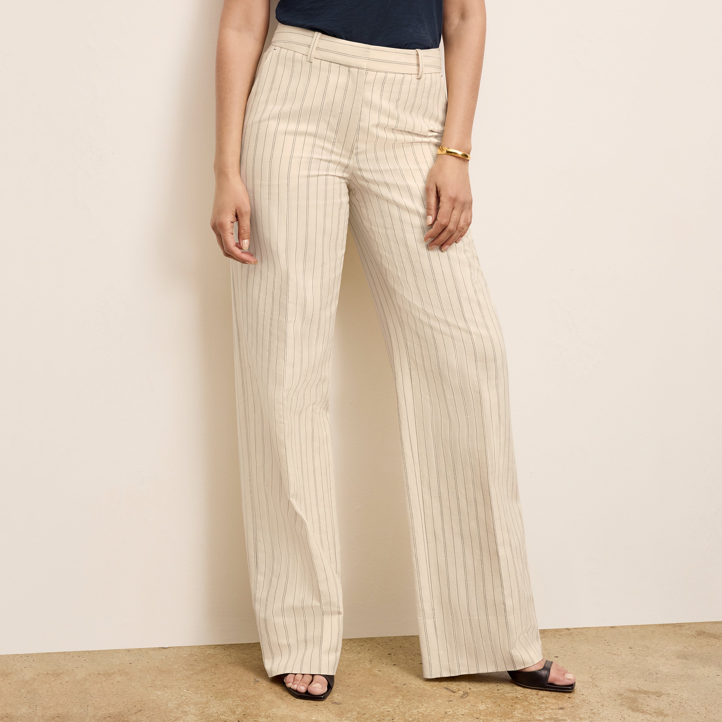 Tinsley Wide Leg Pants for Women - Breeze Stripe Pattern in Ecru & Navy - Comfortable High Waist Trousers for Office, Travel & Casual Wear