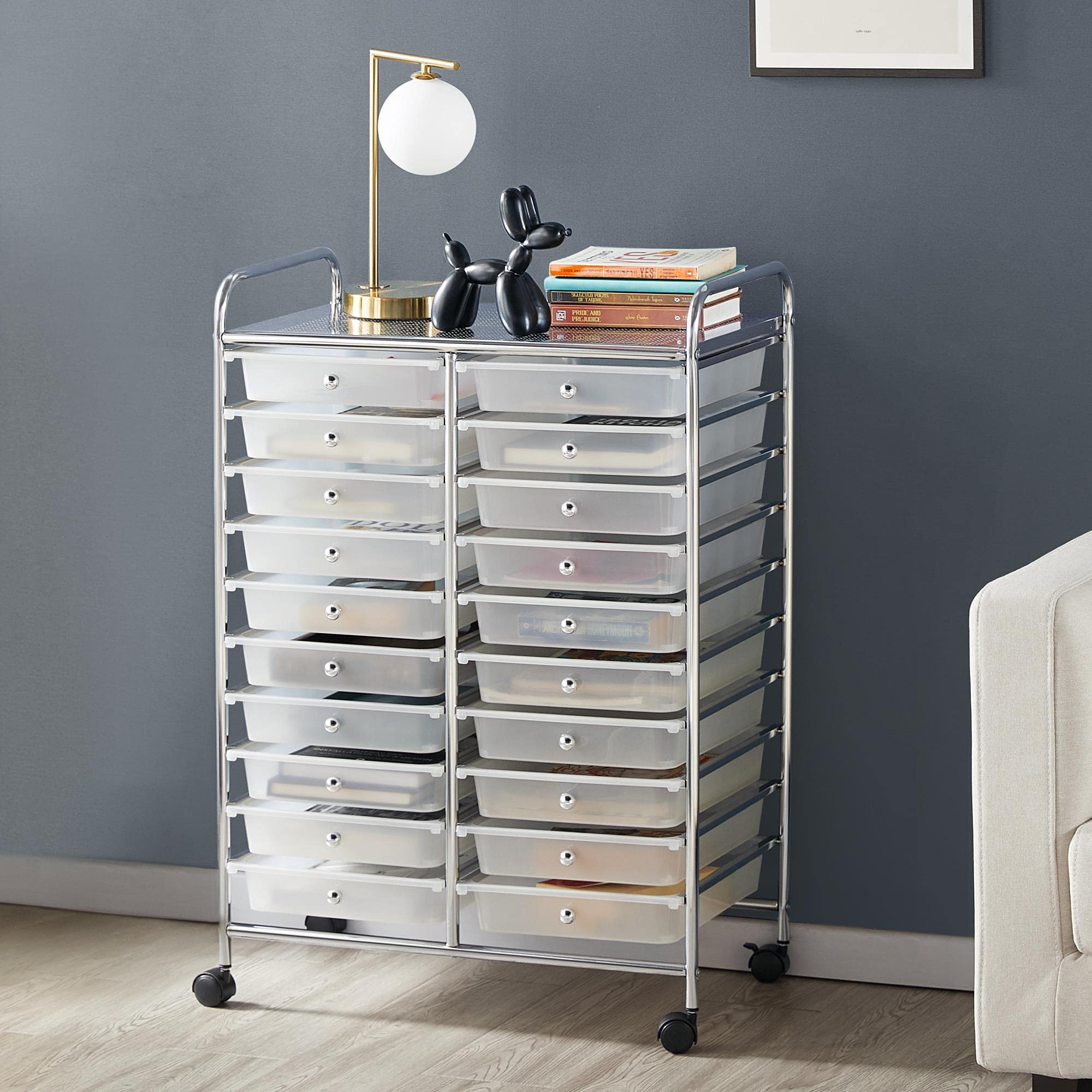 Topeakmart 20-Drawer Rolling Utility Cart - Plastic Storage Organizer with 360° Swivel Casters | Craft Trolley for Home, Office & Workshop | White Mobile Storage Solution for Crafts, Tools & Supplies