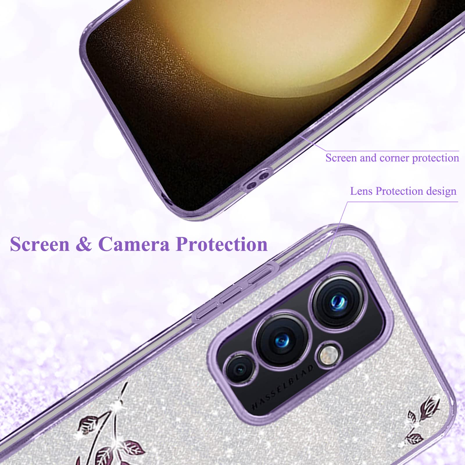 Sparkly Glitter Luxury Diamond Bling OnePlus 9 Case for Women - Pink Floral Clear Shockproof TPU Phone Cover (Purple-Silver) | Cute Protective Case for Girls, Soft & Durable | Perfect for Everyday Use, Work, School & Travel
