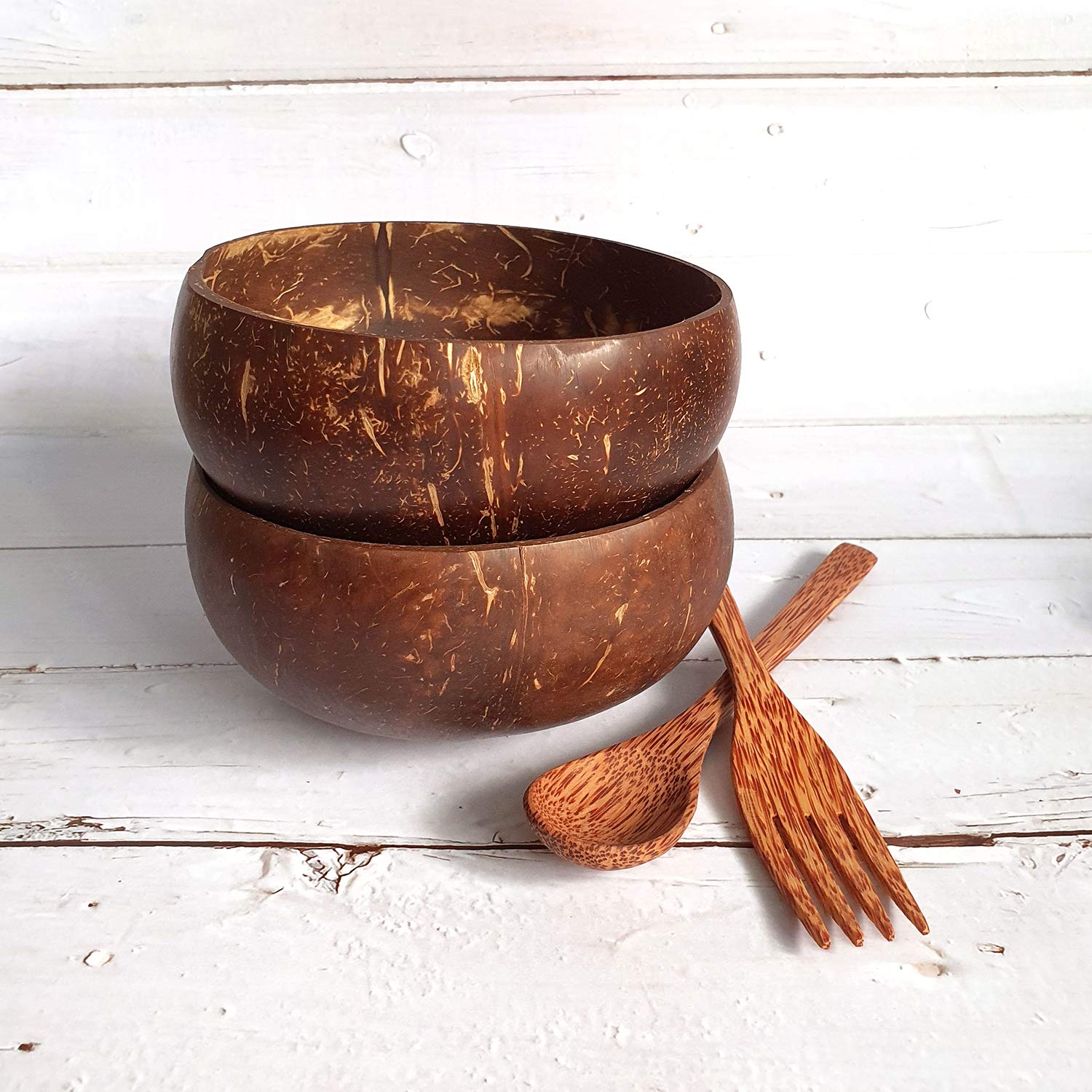 2 Eco-Friendly Handmade Coconut Bowls with 2 Wooden Forks - 100% Natural Organic Kitchen Set - Sustainable Reclaimed Coconut Shells - Perfect for Smoothie Bowls, Acai Bowls & Healthy Breakfasts