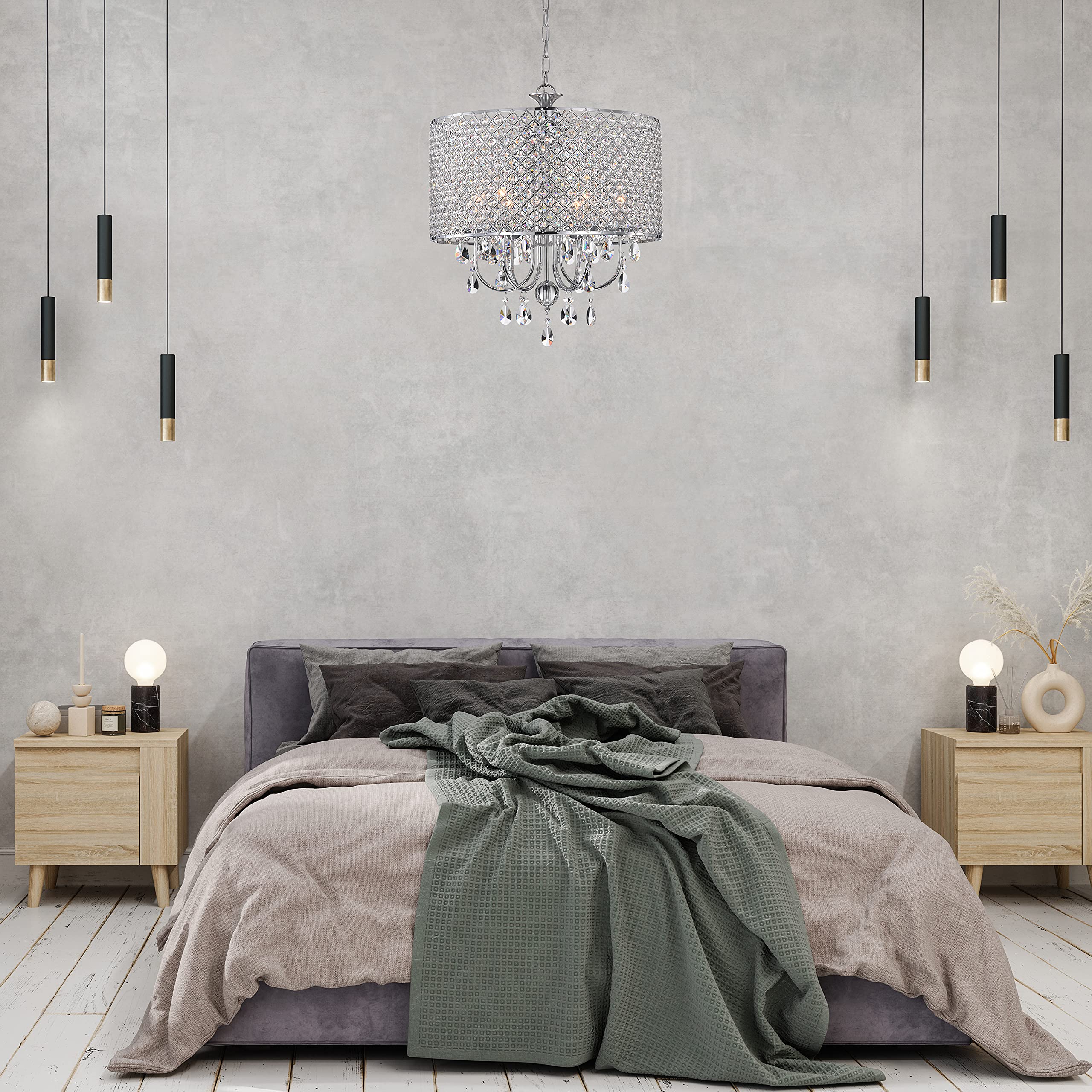 Edvivi Marya 6-Light Crystal Chandelier with Chrome Finish - Adjustable Drum Ceiling Light with Round Crystal Shade - Elegant Lighting Fixture for Dining Room, Living Room, Bedroom | Perfect for Home Decor, Wedding Venues & Luxury Interior Design