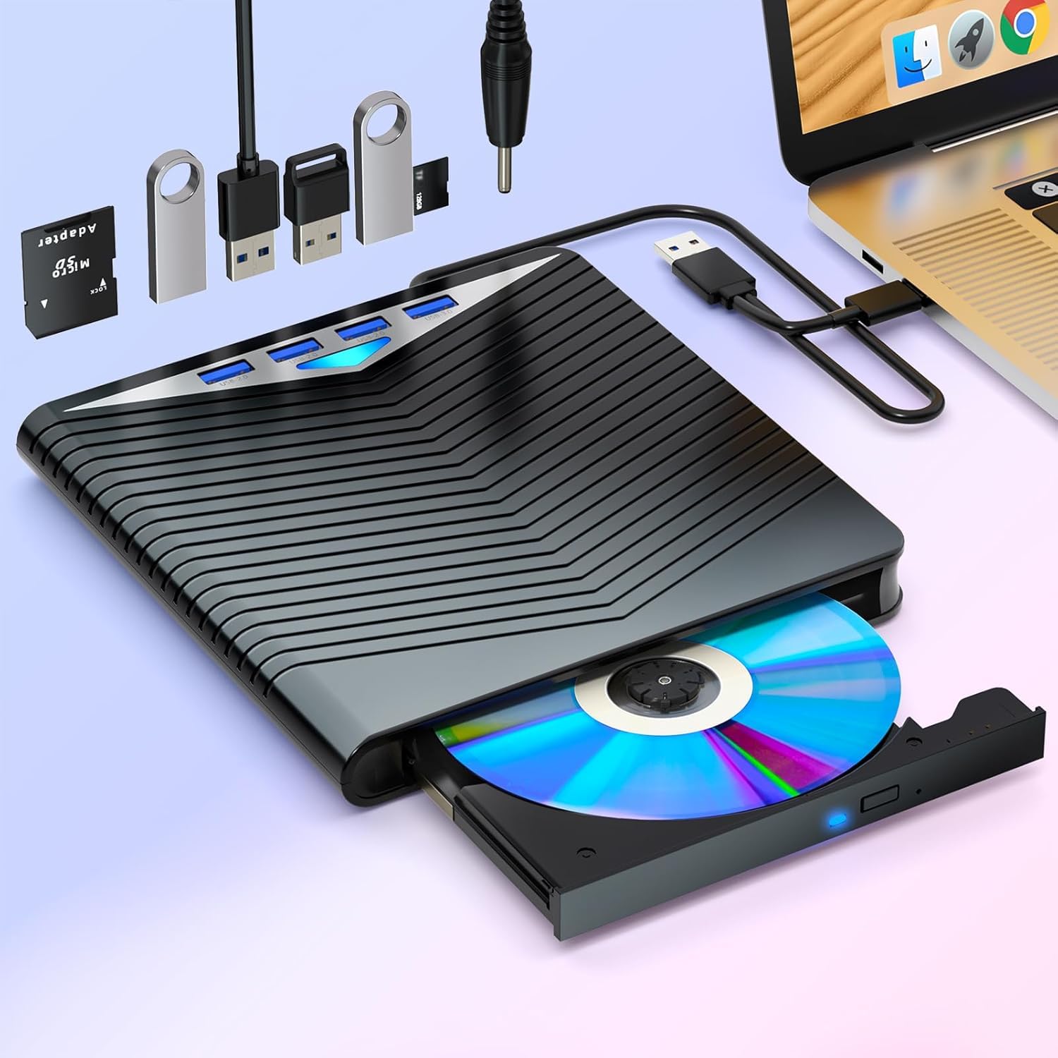 7-in-1 External Blu-ray DVD Drive Player - USB 3.0 & Type-C Compatible, Read/Write & Burner for Blu-ray/DVD/CD - Works with Windows 7/8/10 & Mac OS - Perfect for Home Theater, Office Use & Media Backup