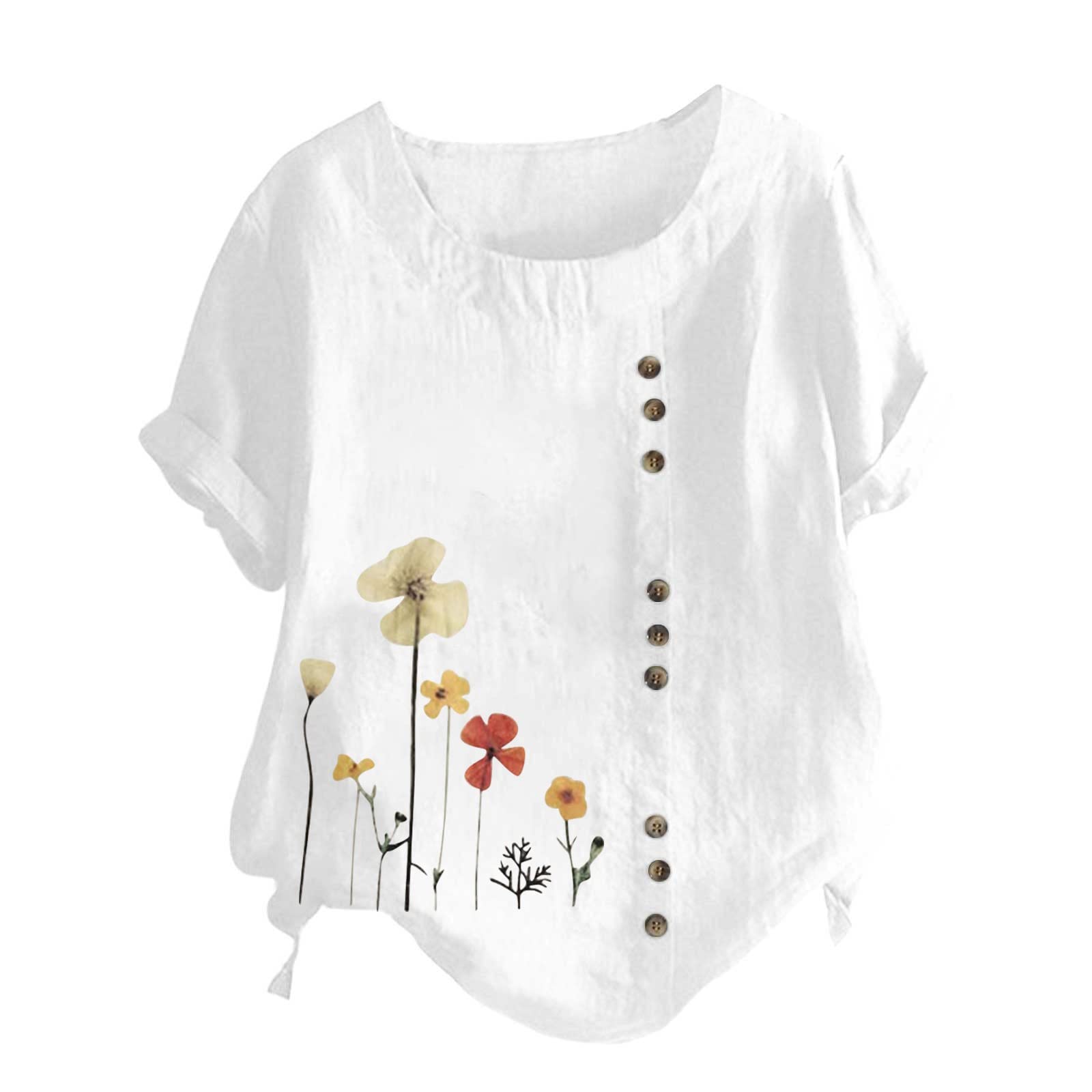 Women's Short Sleeve Tunic Tops - Fashion Print Cotton Linen Blend Button Down Shirt, Loose Fit Casual Blouse for Women | Perfect for Summer Outfits, Office Wear & Weekend Relaxation