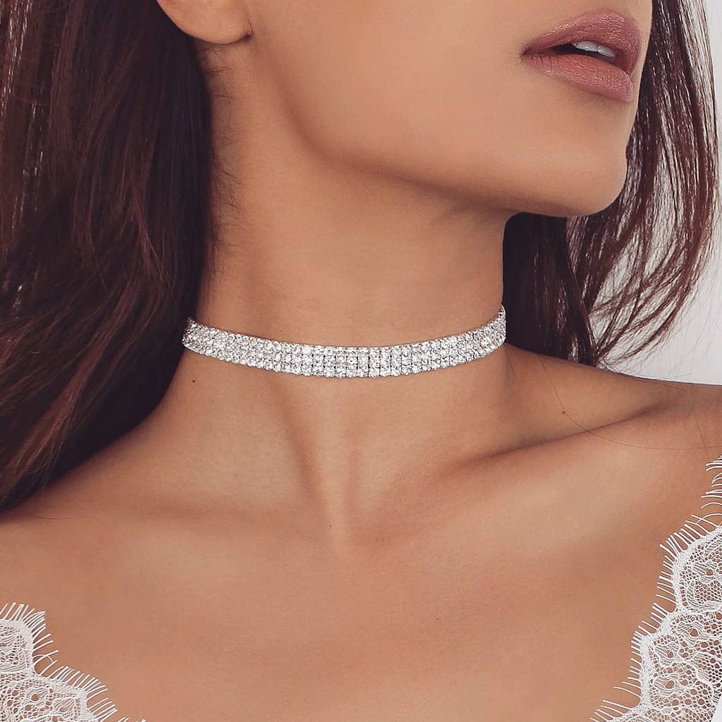 Sparkling Rhinestone Choker Necklace for Women - Silver Crystal Diamond Collar Necklace | Perfect for Parties, Weddings & Evening Events