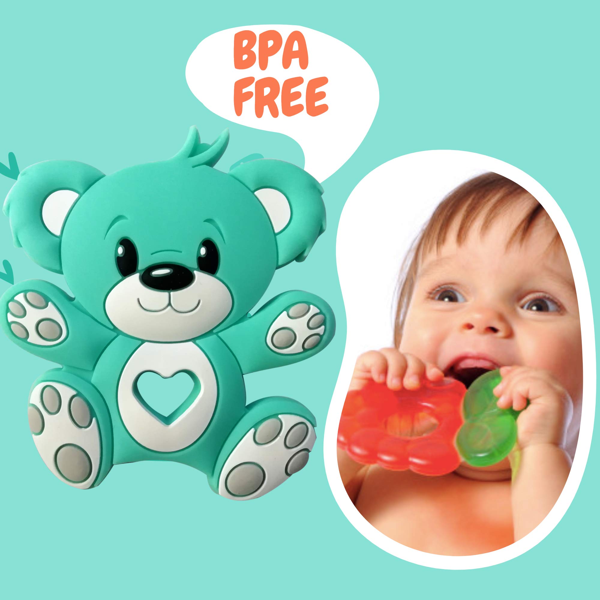 iSWEVEN Teddy Bear Shaped Baby Teether - BPA Free, Food Grade Silicone Chew Toy for Infants 3-12 Months - Soothes Teething Pain & Gum Discomfort - Perfect for Home, Travel & Daycare Use (Green)