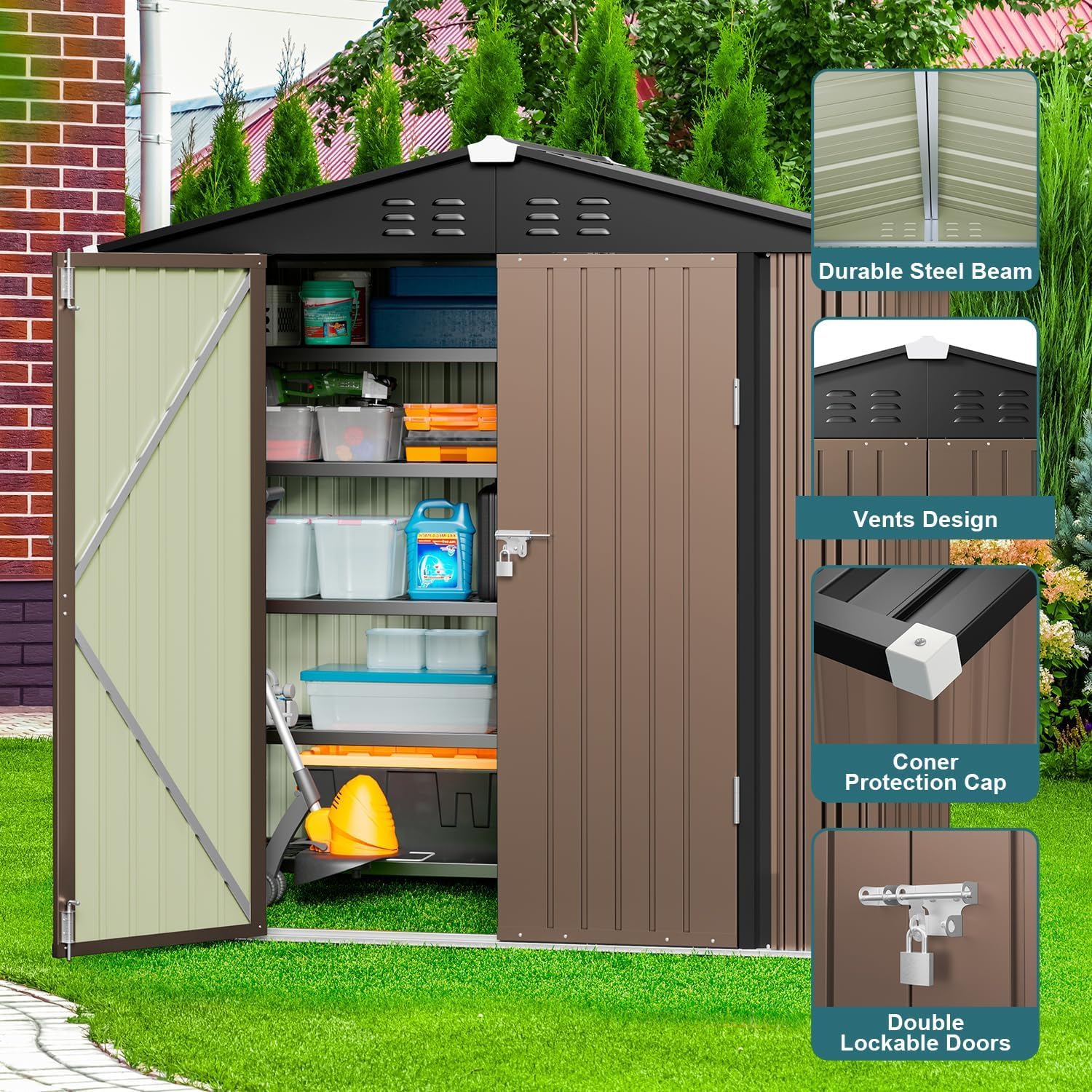 Gizoon 6x4 FT Galvanized Metal Outdoor Storage Shed - Double Lockable Doors, Weather-Resistant Garden Shed for Backyard, Patio & Lawn (Light Brown) - Perfect for Storing Tools, Equipment & Seasonal Items