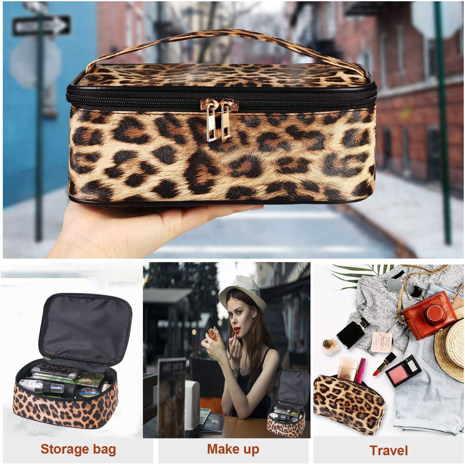 Leopard Print Makeup Bag for Women - Cheetah Pattern Travel Cosmetic Pouch & Brush Organizer - Waterproof Toiletry Bag for Gym, Vacation, and Daily Use