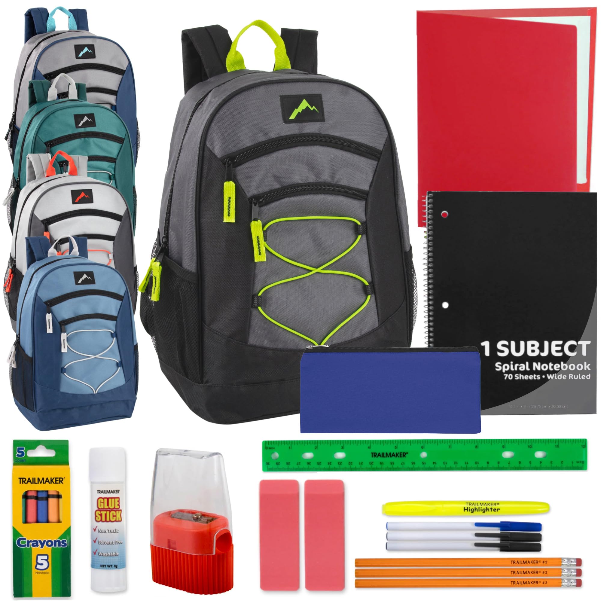 24 Pack Trail Maker 18 Inch Bulk Backpacks with School Supplies for Boys & Girls - Durable School Backpacks for Classroom, Field Trips & Outdoor Adventures (Boys Pack)