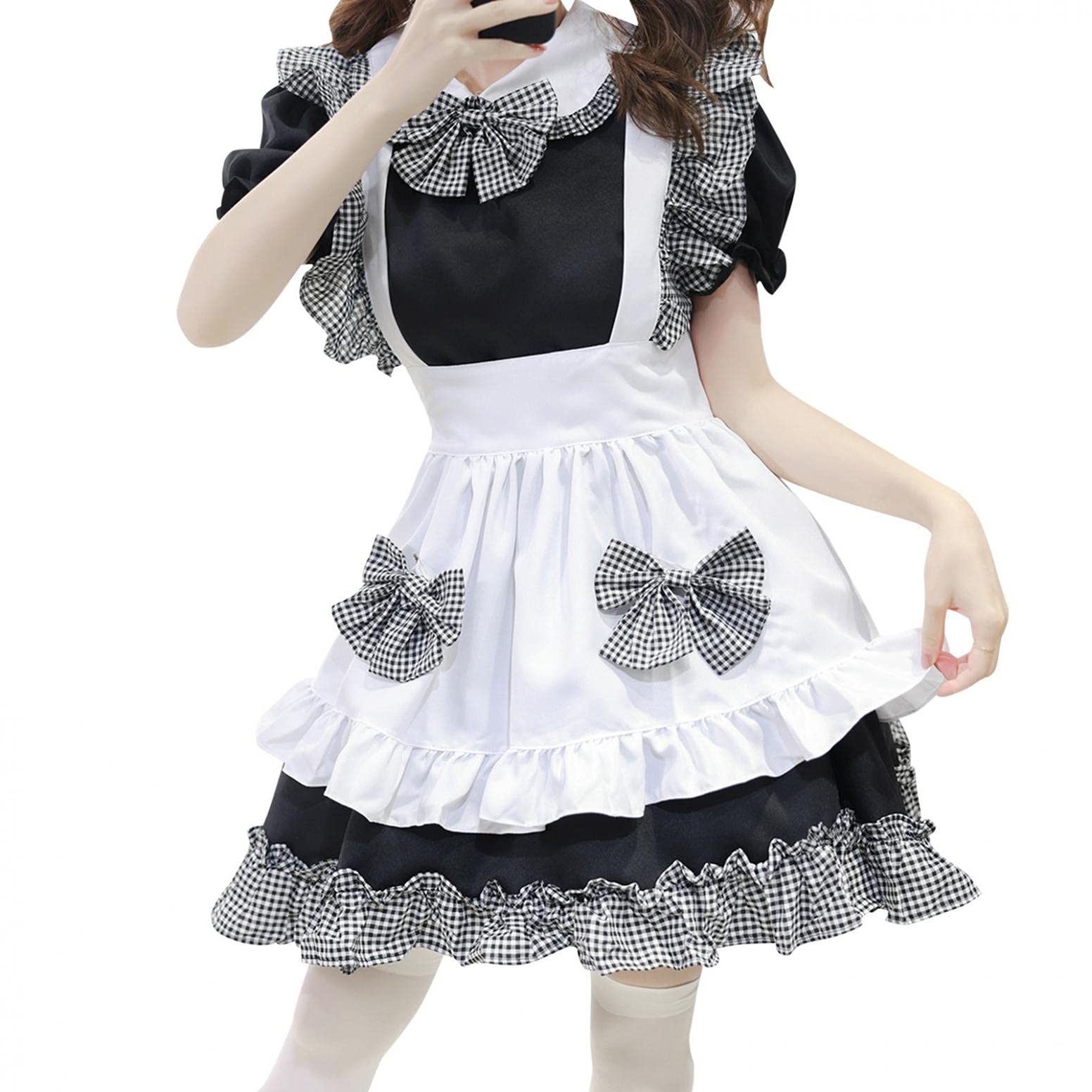 French Maid Cosplay Dress for Women - Short Sleeve Anime Apron Dress with Bowtie | Halloween Costume, Cosplay Party, Anime Convention Outfit