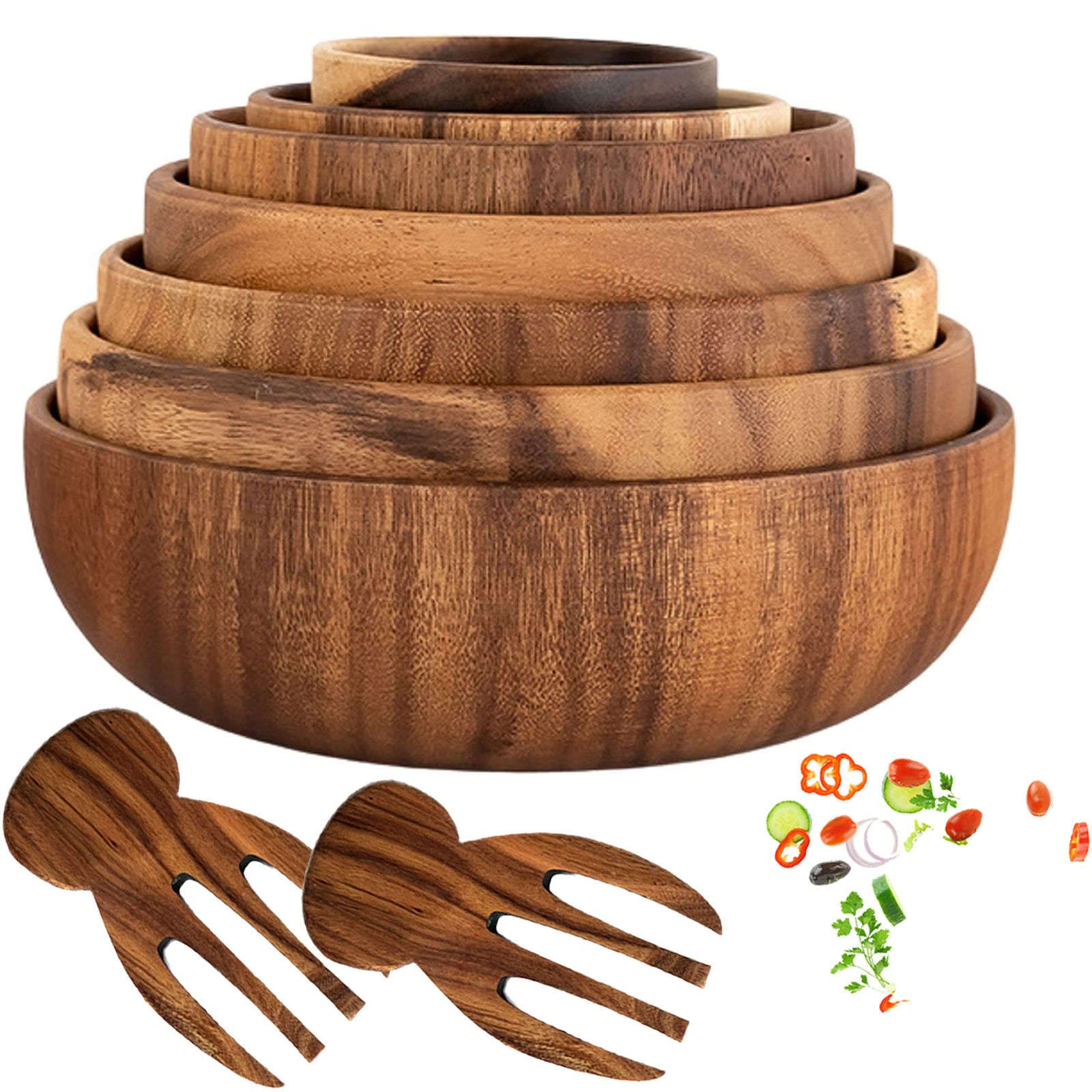 ROWGEE Acacia Wooden Serving Bowl Set - Natural Wood Salad Mixing Bowl for Fruits, Cereal, Pasta & Snacks - Perfect for Kitchen Counter Décor & Entertaining Guests at Home