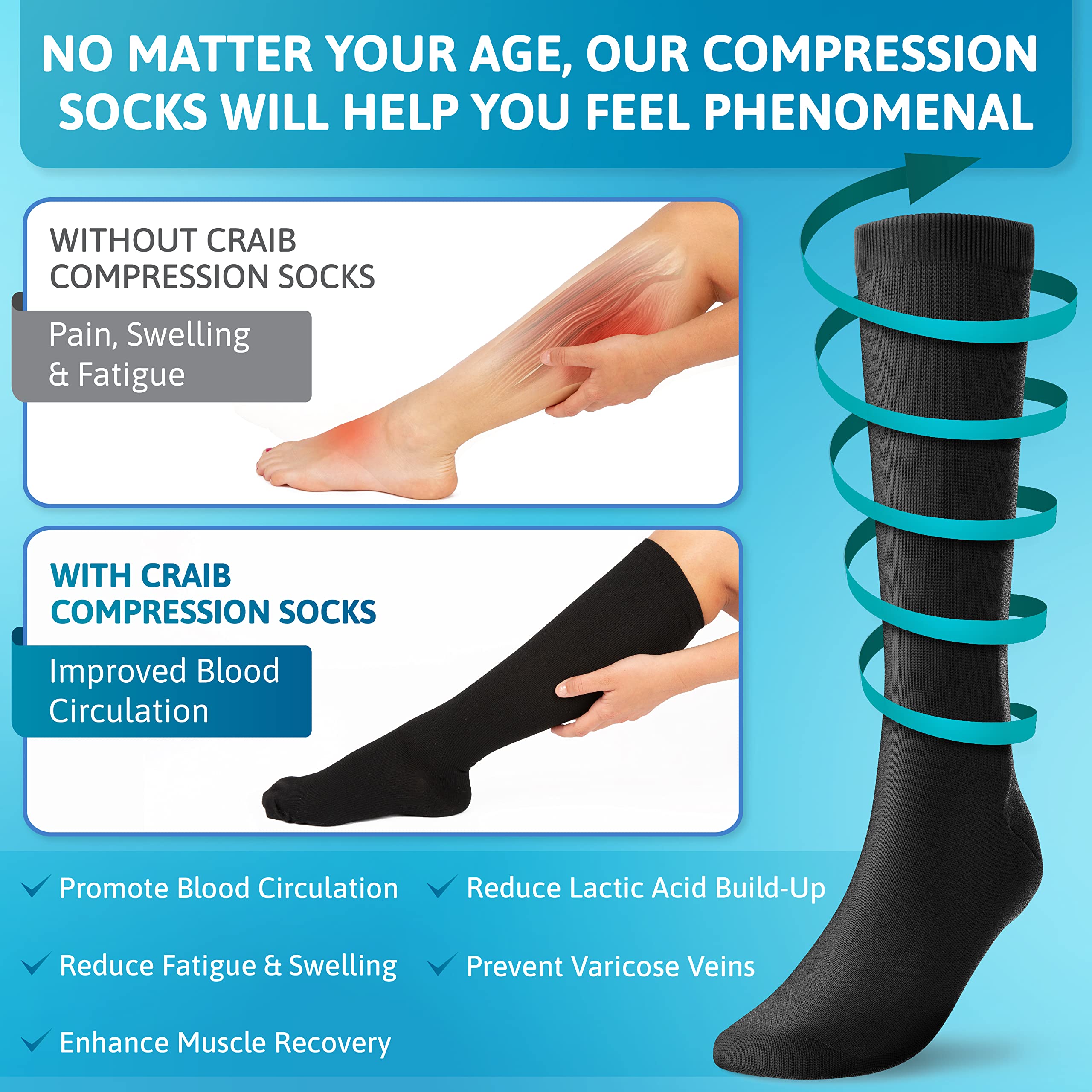 20-30mmHg Graduated Compression Knee High Socks with Zipper for Men & Women - Ideal for Travel, Running & Varicose Vein Relief