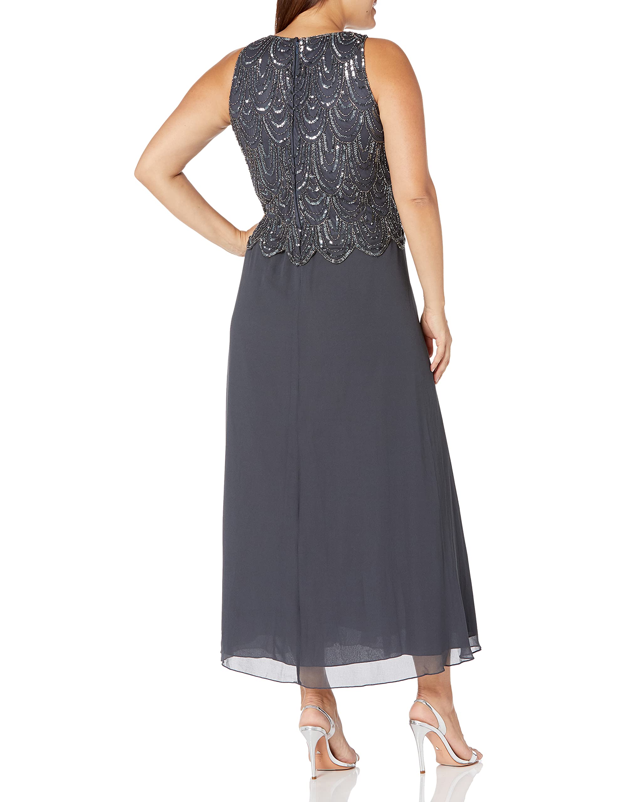 J Kara Women's Petite Sleeveless Beaded Pop Over Dress with Scarf - Elegant Summer Cocktail Party & Wedding Guest Dress