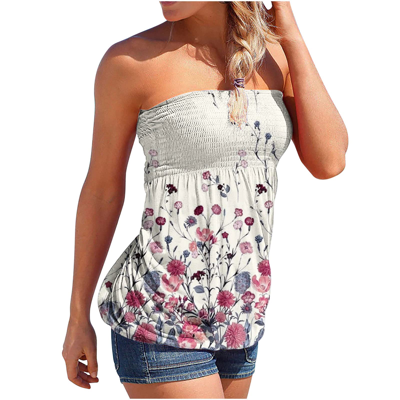 Women's Off Shoulder Tank Tops - Star Striped Print Strapless Tube Tops for Casual Summer Wear | Bandeau Holiday Beach Tops for Vacation & Party Outfits