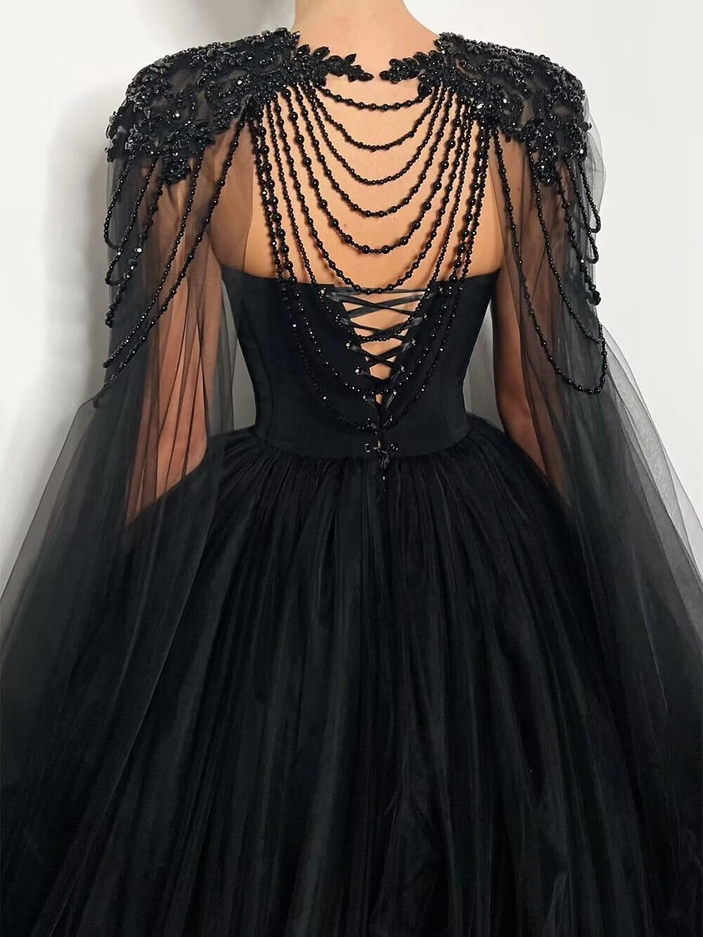 Elegant Black Beaded Wedding Dress with Cape | Strapless Tulle Bridal Gown for Bride | Pearly Embellished Long Wedding Dress for Evening Ceremony, Vow Renewal & Formal Events