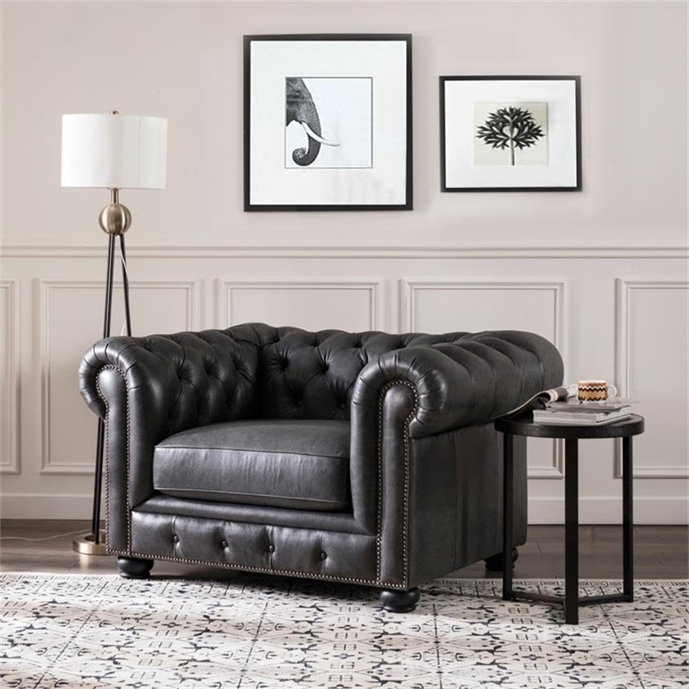Home Square 2-Piece Gray Leather Chesterfield Accent Chair and Sofa Set - Perfect for Living Room, Office, or Study Decor
