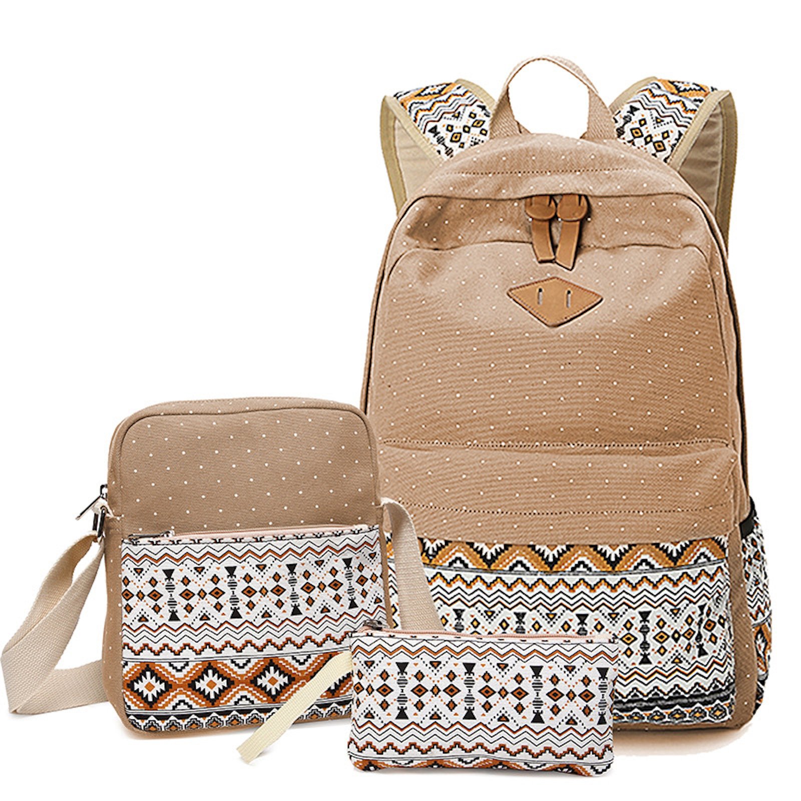 WSLCN 3-Piece Canvas Backpack Set for Girls - School Backpack, Travel Daypack & Shoulder Messenger Bag with Pencil Case | Aztec Print, Khaki | Perfect for School, Travel & Daily Use