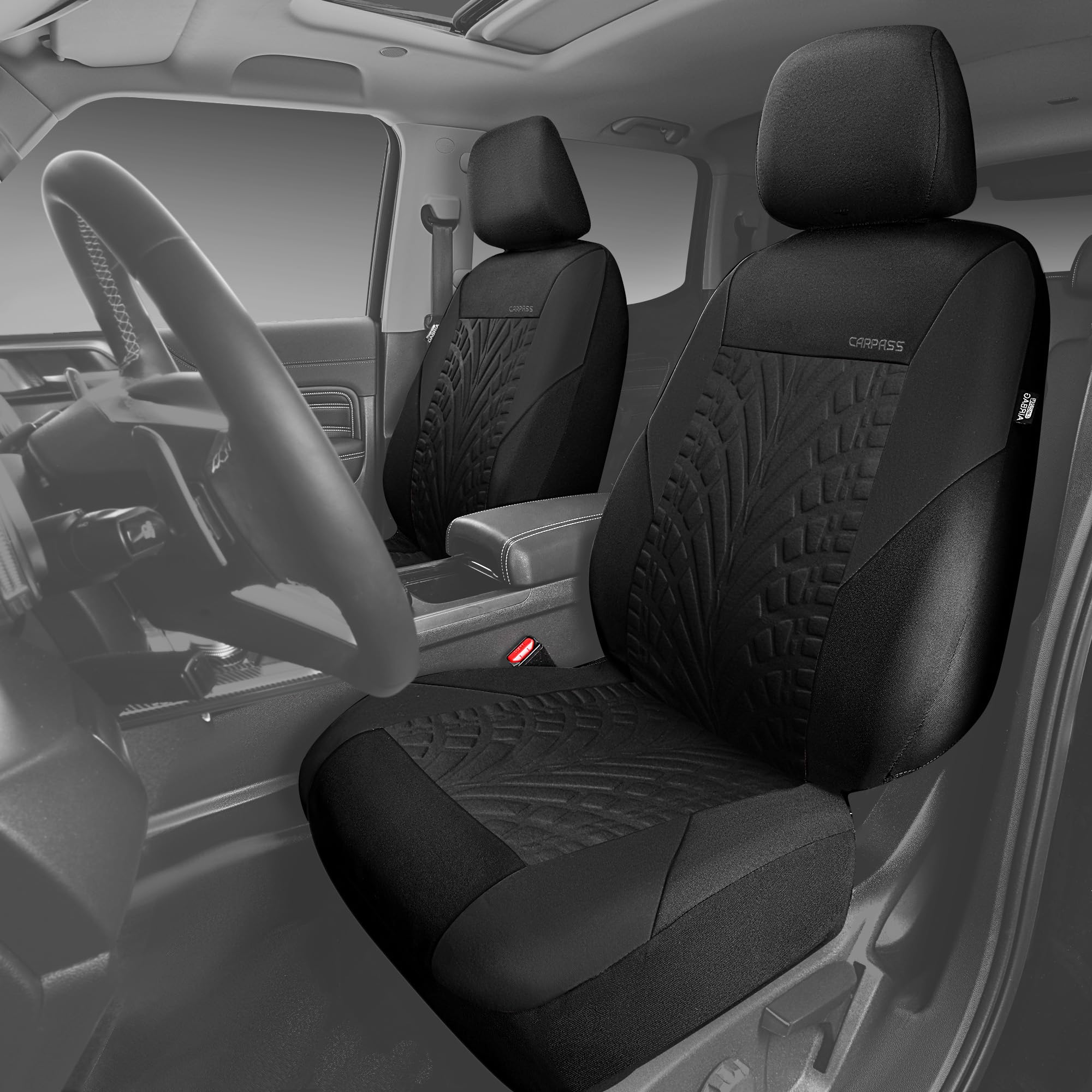 Premium CAR PASS Universal Car Seat Covers Full Set - Front & Split Rear Bench 3D Tyre Embossed Design | Airbag Compatible Quick Installation for Sedan, SUV, Truck (All Black) | Perfect for Road Trips, Daily Commute & Pet Protection