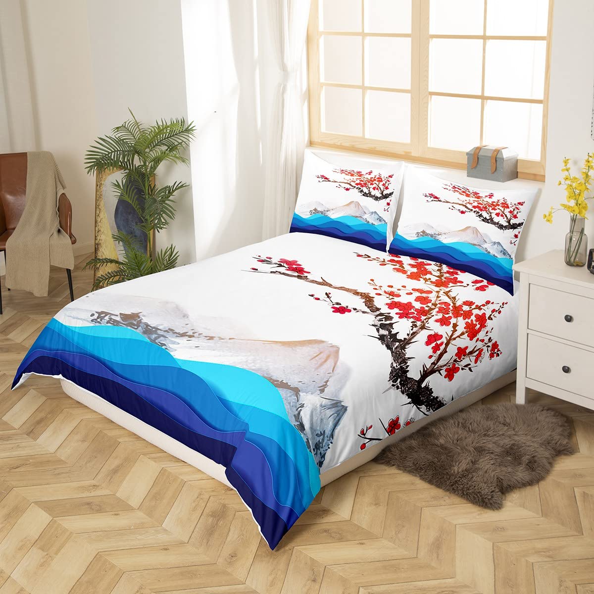Erosebridal Ukiyoe Themed Duvet Cover Set - Cherry Blossom & Mt. Fuji Japanese Style Bedding for Twin Size | Japanese Sea Waves & Botanical Ink Painting Design | Perfect for Asian-Themed Bedroom Decor & Zen Home Styling