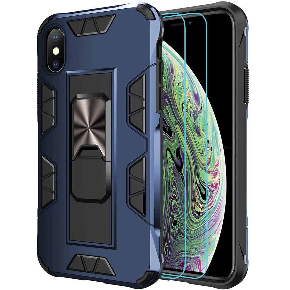 Military-Grade Shockproof iPhone X/XS Case with Built-in Kickstand & Magnetic Car Mount - Includes Tempered Glass Screen Protector | Perfect for Outdoor Activities, Commuting & Hands-Free Driving (Blue)