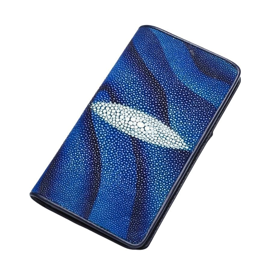 Premium Blue Stingray Skin Leather Long Wallet for Men - RFID Blocking Bifold Wallet with Money Clip - Perfect for Business, Travel & Everyday Use