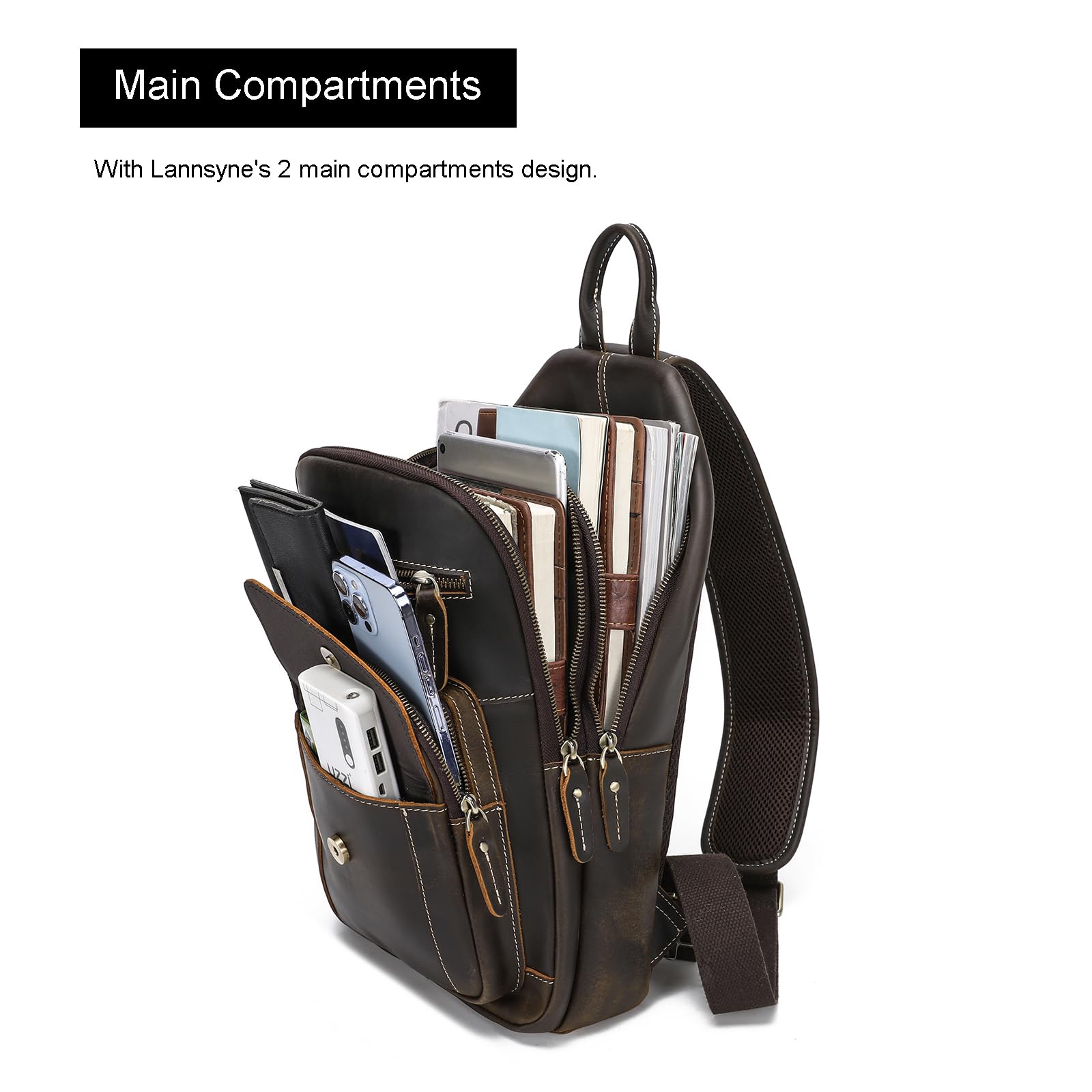 LANNSYNE Genuine Full Grain Leather Crossbody Sling Bag for Men - Durable Casual Chest Bag for Hiking, Travel & Business - Fits 12.9