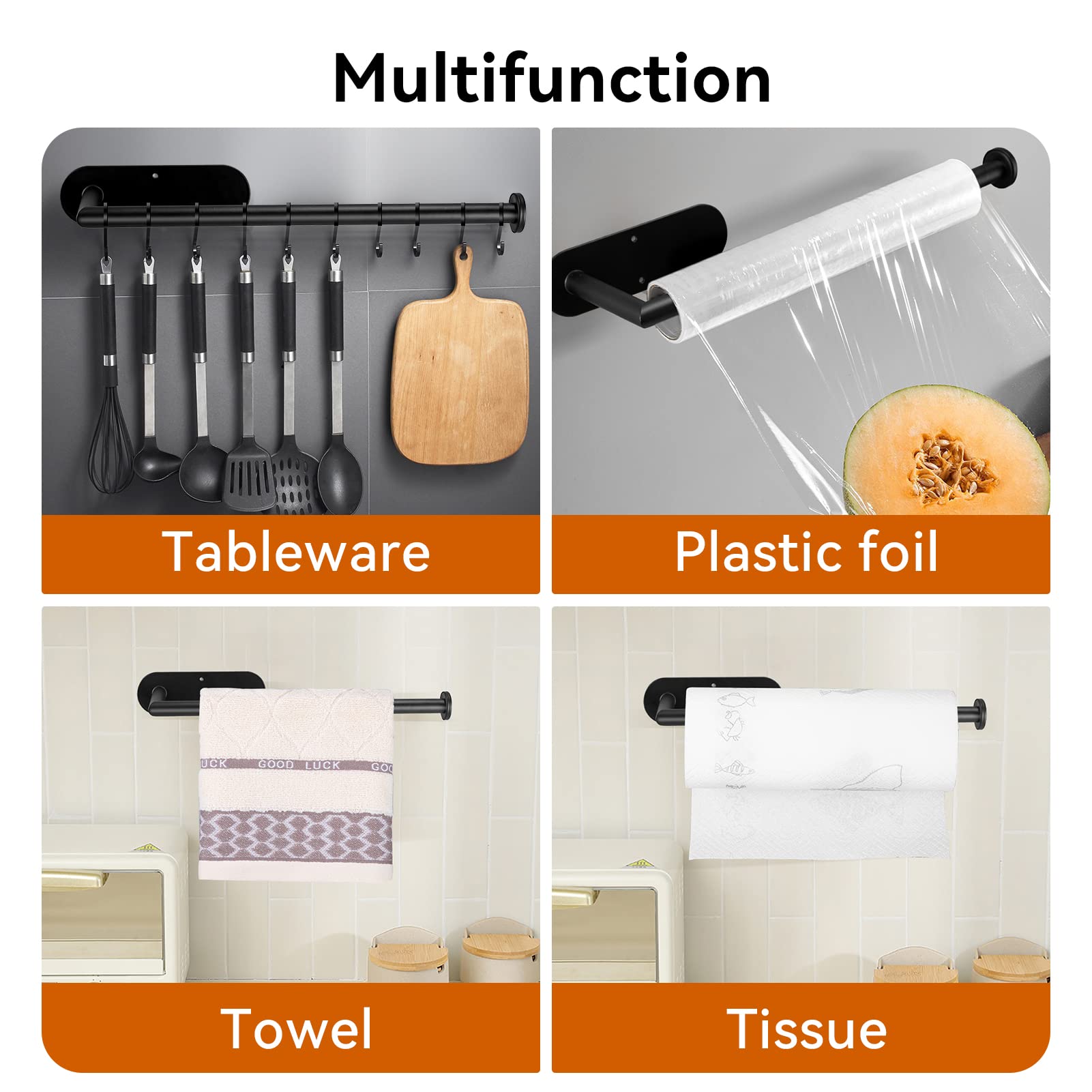 Upgraded Under Cabinet Kitchen Roll Holder - 304 Stainless Steel Wall Mounted Toilet Paper Towel Holder with Self Adhesive or Drilling Installation for Kitchen, Bathroom, Pantry, RV - Perfect for Small Spaces & Organization (Black)