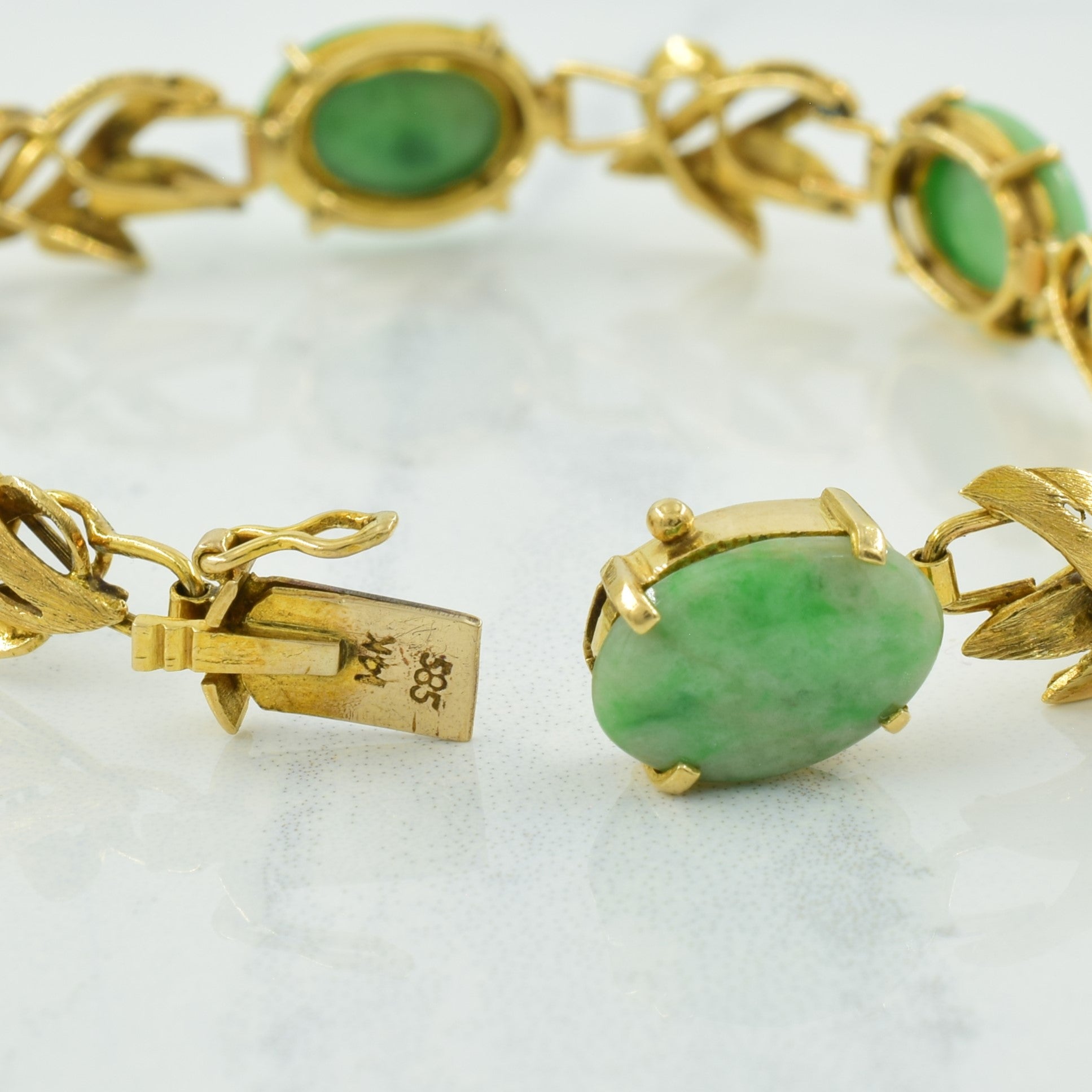Natural Jadeite Cabochon 14K Gold Bracelet - 20.00ctw Gemstone Jewelry for Women - 6.75 Inch Adjustable Bangle - Perfect for Gifts, Weddings & Special Occasions