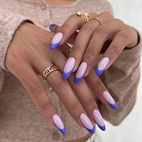Ezpieces Short French Tip Press on Nails with Floral Designs - 24PCS Medium Coffin Fake Nails with Strong Glue - Purple Acrylic Artificial Nails for Women - Perfect for Daily Wear, Parties & Special Occasions (French Chateau Style)