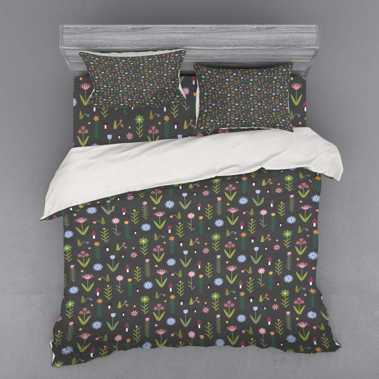 Ambesonne Floral Bedding Set - 4 Piece King Size Duvet Cover with Shams & Fitted Sheet, Tulip Iris Daisy Rose Petals & Forest Mushroom Childish Pattern in Olive Green Dried Rose | Perfect for Kids' Room, Nursery Decor & Bohemian Bedroom Style