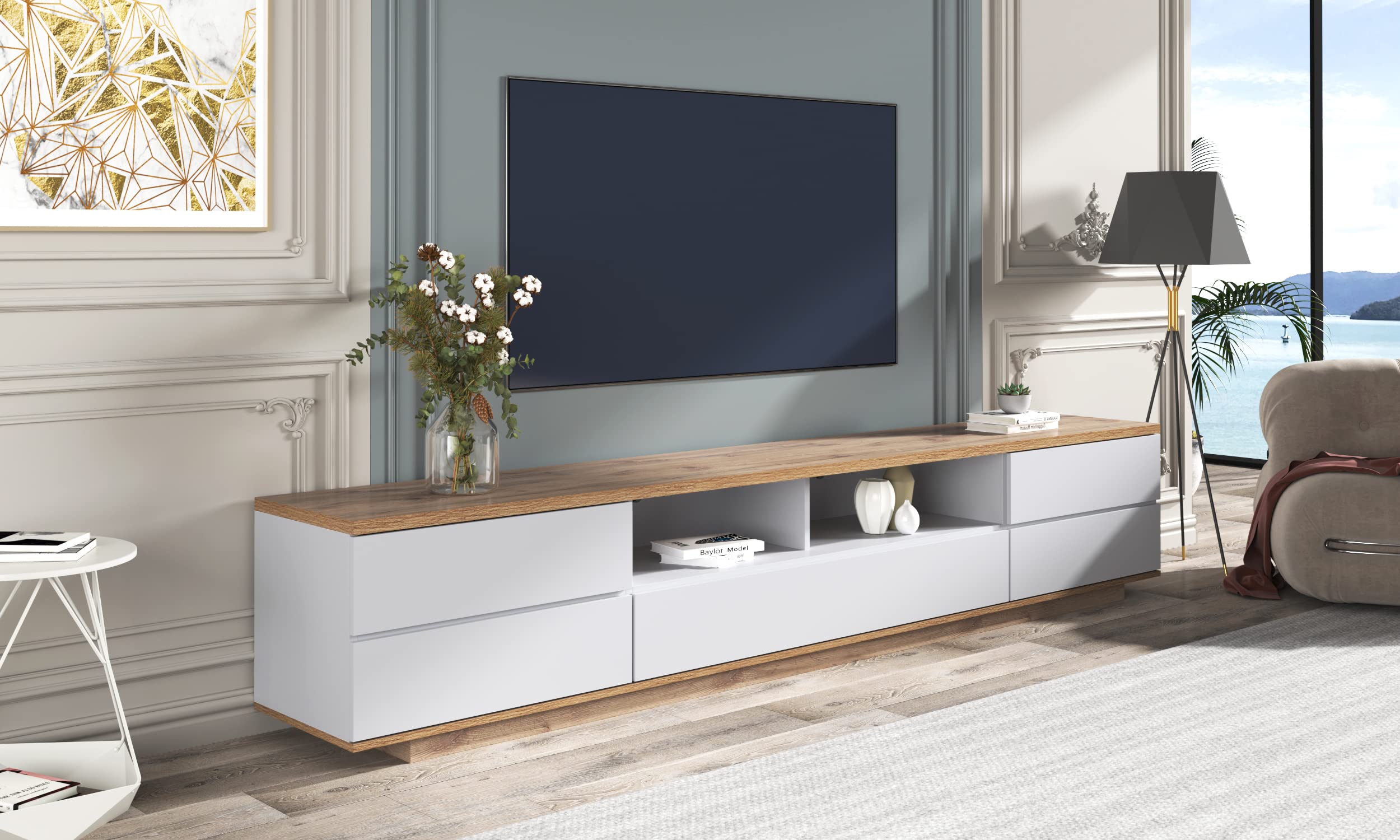 Modern White Merax Wood TV Stand Entertainment Center with Storage Cabinets & Open Shelves - 80