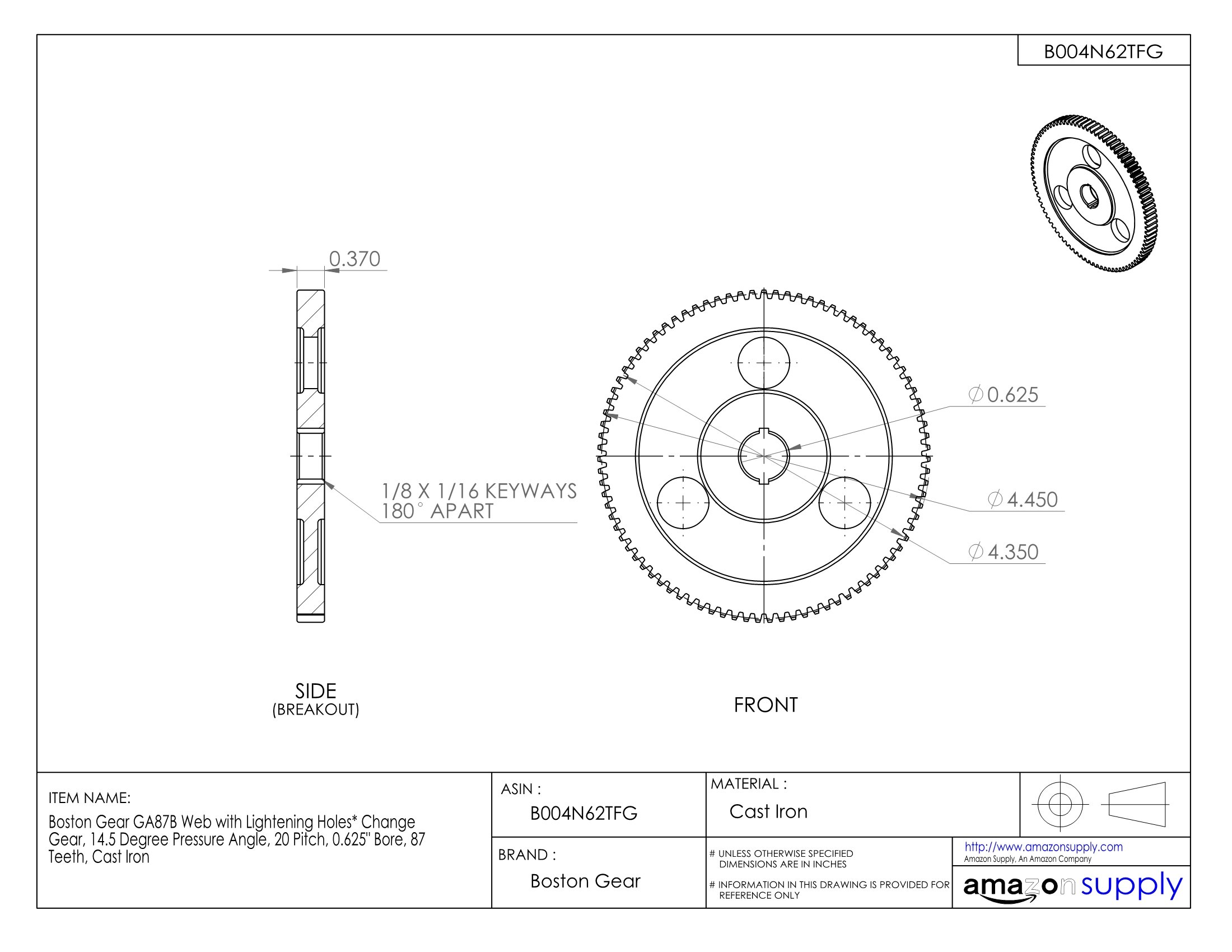 GA87B Web with Lightning Holes Change Gear - 14.5° Pressure Angle, 20 Pitch, 0.625