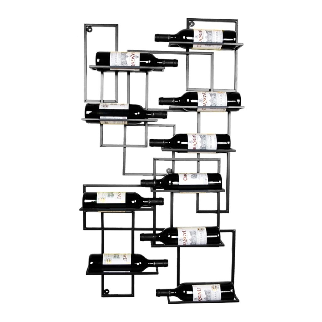 Vintage Wall Mounted Wine Bottle Rack - Black Wine Holder with Floating Shelves for 10 Bottles | Bar Decor & Storage Organizer | Perfect for Home Bars, Restaurants, and Kitchen Wall Decor