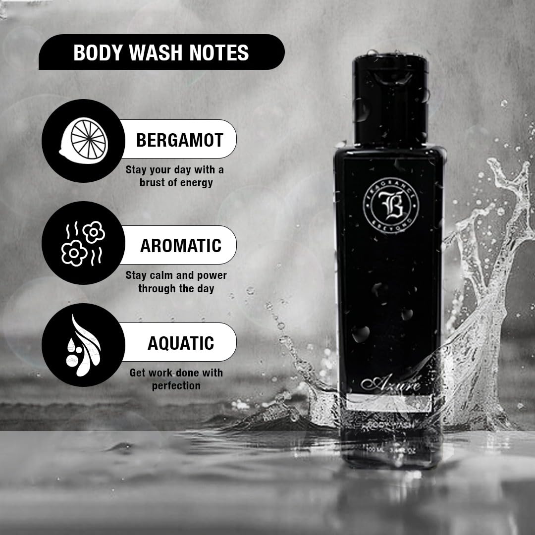 Fragrance & Beyond Azure Perfume Body Wash for Men - 100ml Deep Cleansing Shower Gel with Aloe Vera & Bergamot | Hydrating, Moisturizing & Refreshing | Perfect for Daily Use, Gym & Travel