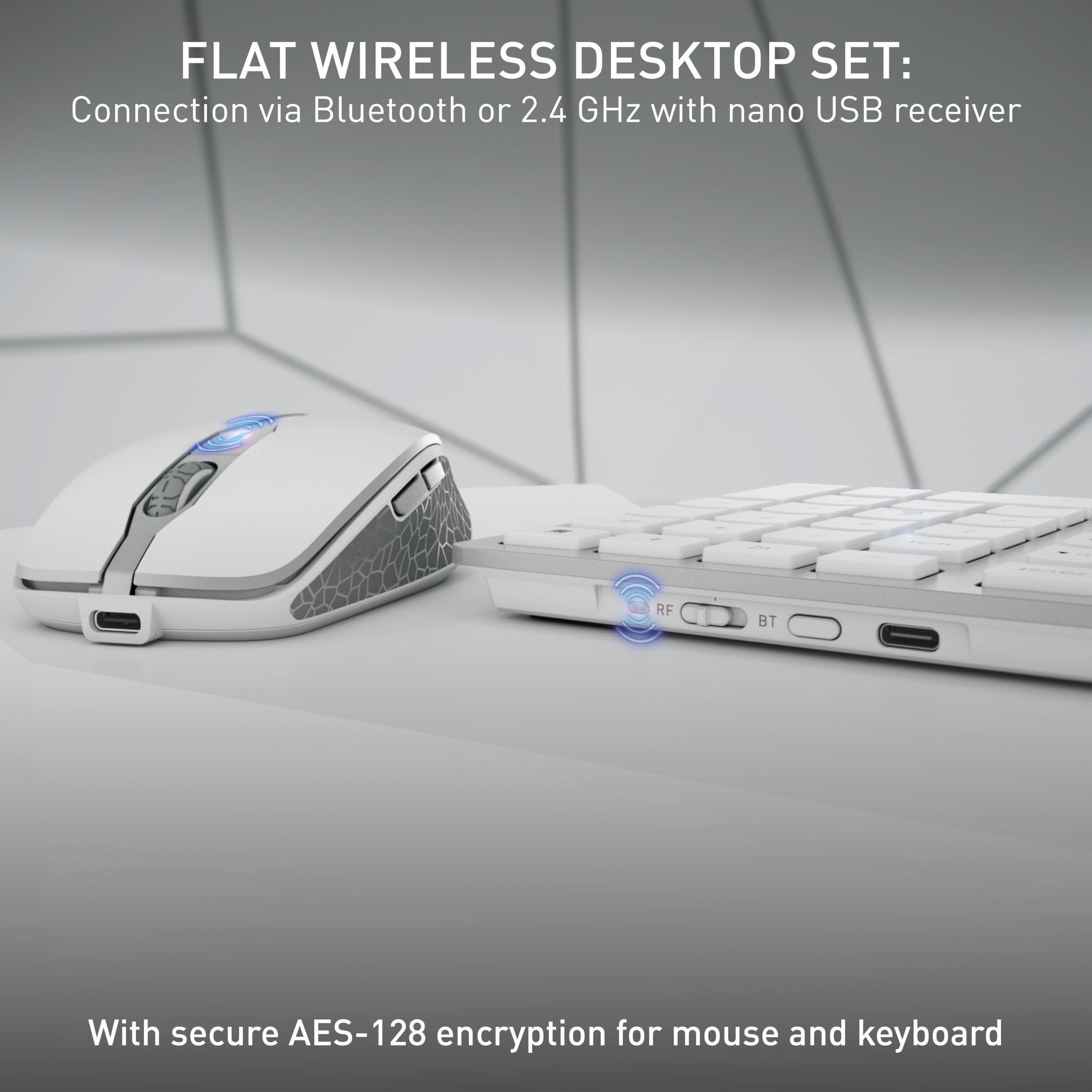 CHERRY DW 9100 SLIM Wireless Keyboard and Mouse Set - Bluetooth & 2.4GHz RF Rechargeable Desktop Combo with Quiet Keys, Flat Design (UK QWERTY Layout, Silver/White) for Office, Home & Gaming Use
