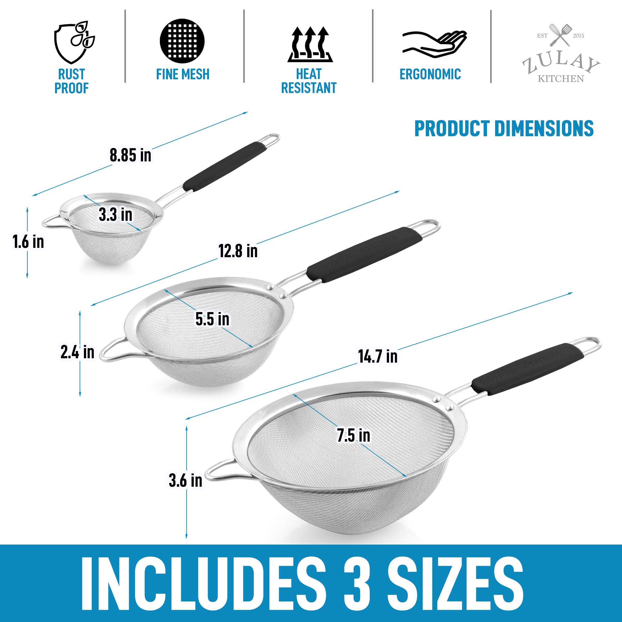 Premium Stainless Steel Fine Mesh Strainer Set - 3 Sizes for Kitchen Use