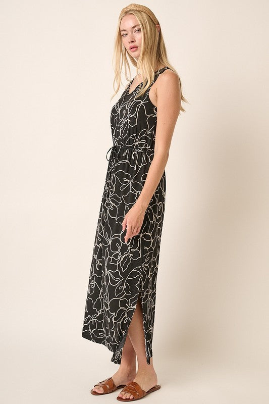 Mittoshop Women's Floral Print V-Neck Sleeveless Side Slit Dress - Summer Casual, Beach Party, Wedding Guest Outfit