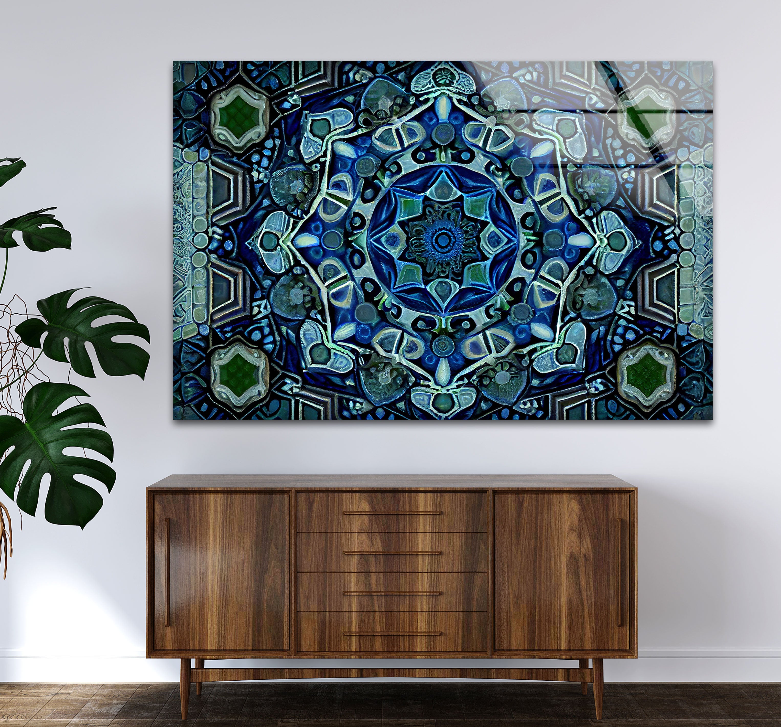 Blue Mandala Glass Wall Art – Handcrafted Intricate Geometric Design for Modern Home & Office Decor | Meditation Room, Yoga Studio & Spiritual Space Decor