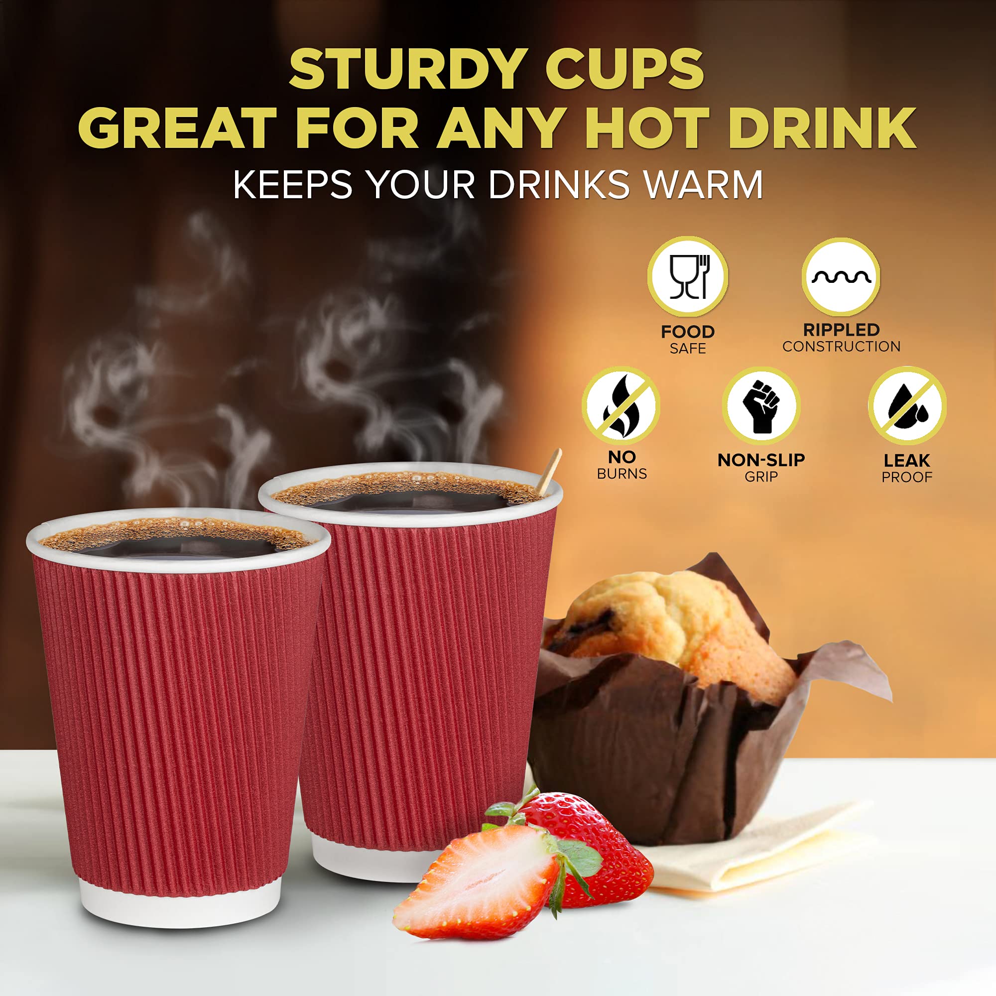 500 Pack 12 oz Red Disposable Coffee Cups - Triple Wall Insulated Hot Drink Cups for Coffee, Hot Chocolate & Tea | Travel, Office, Home & Catering Use | Eco-Friendly Corrugated Paper Cups (Lids Not Included)