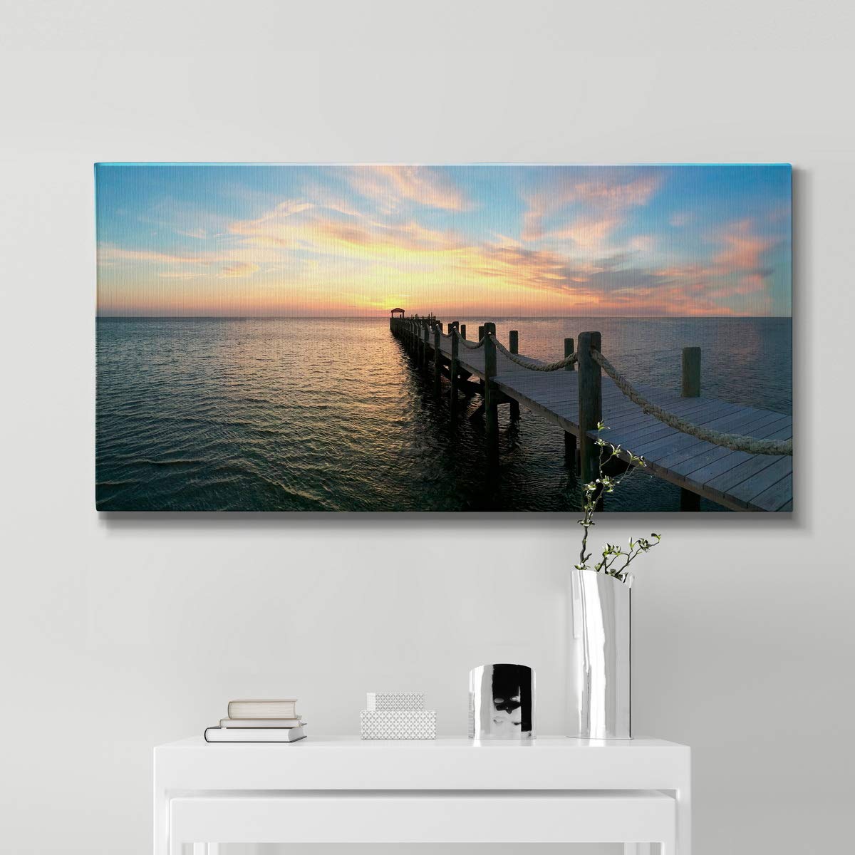 Modern Ocean Sunrise Canvas Wall Art - Blue Beach Landscape Print for Living Room, Bedroom, Bathroom & Office Decor - Ready to Hang 24x48 Inches - Perfect for Coastal, Nautical & Home Interior Design