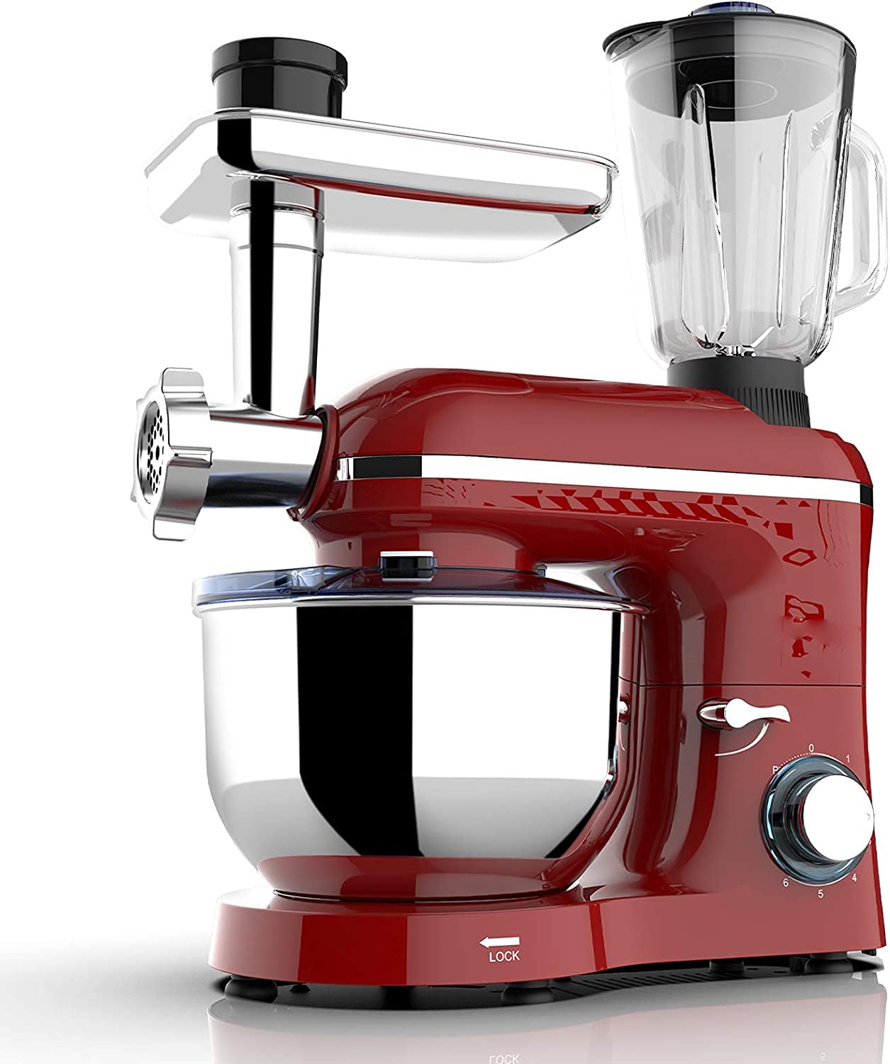 3 in 1 Stand Mixer Tilt-Head Kitchen Standing Mixer with 6.5QT Stainless Steel Bowl, Dough Hook, Whisk, Beater & Meat Grinder - 850W 6-Speed Powerful Electric Mixer for Baking, Cooking & Juicing (Red) - Perfect for Home Bakers, Chefs & Smoothie Lovers
