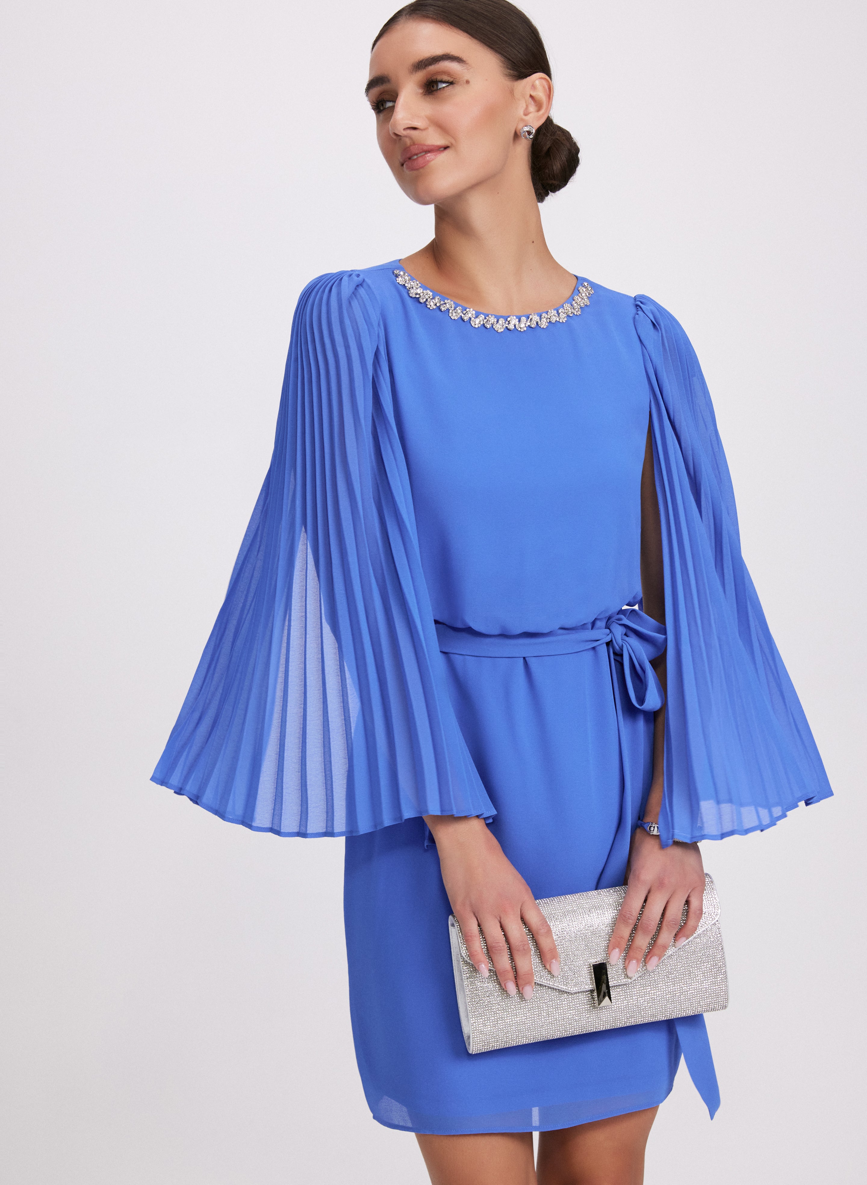 Embellished Cape Sleeve Dress for Women - Elegant Evening Gown with Flowy Cape Detail - Perfect for Weddings, Parties & Special Occasions