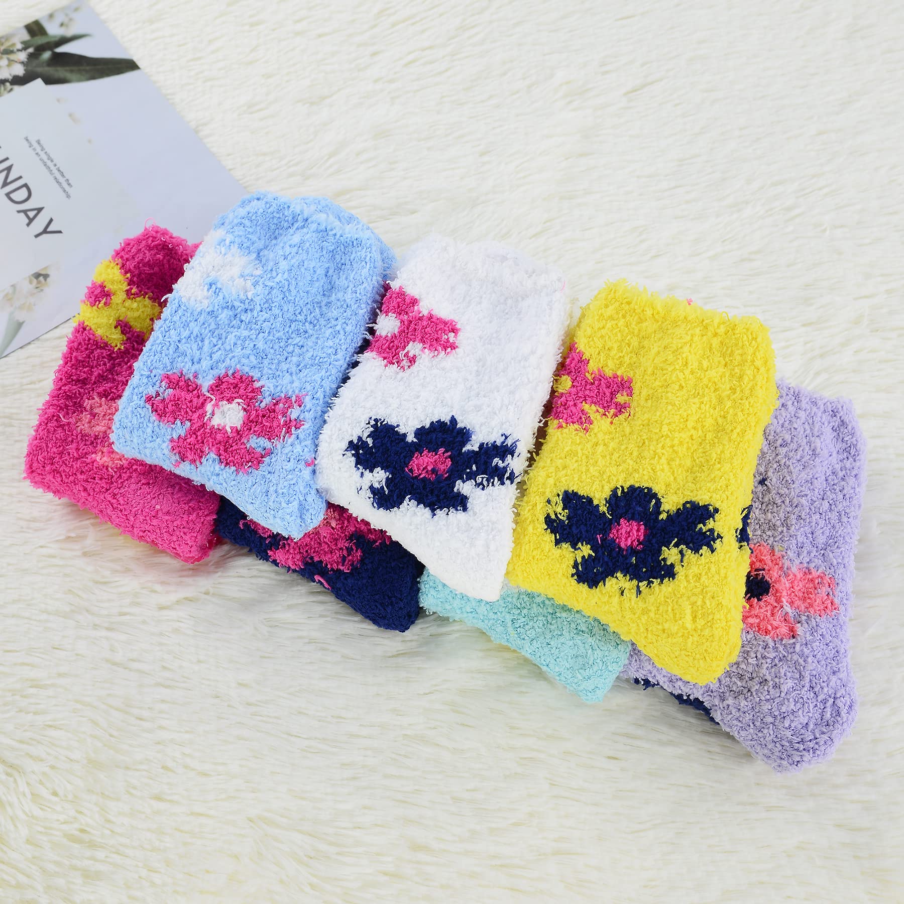 **Zando Women's Fuzzy Gripper Socks - Warm, Cozy & Anti-Slip Fluffy Socks with Seven Flowers Design - Super Soft & Non-Slip for Indoor, Lounge & Winter Wear**
