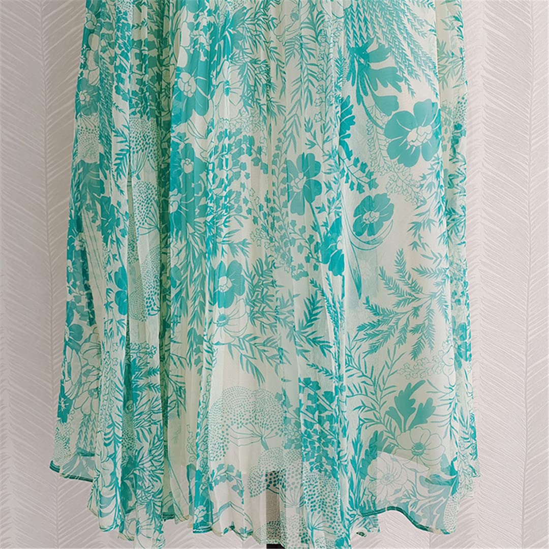 2022 Summer Women's 100% Pure Silk Sleeveless O-Neck Blue Floral Printed Pleated Dress - Perfect for Beach Vacations, Garden Parties & Summer Weddings