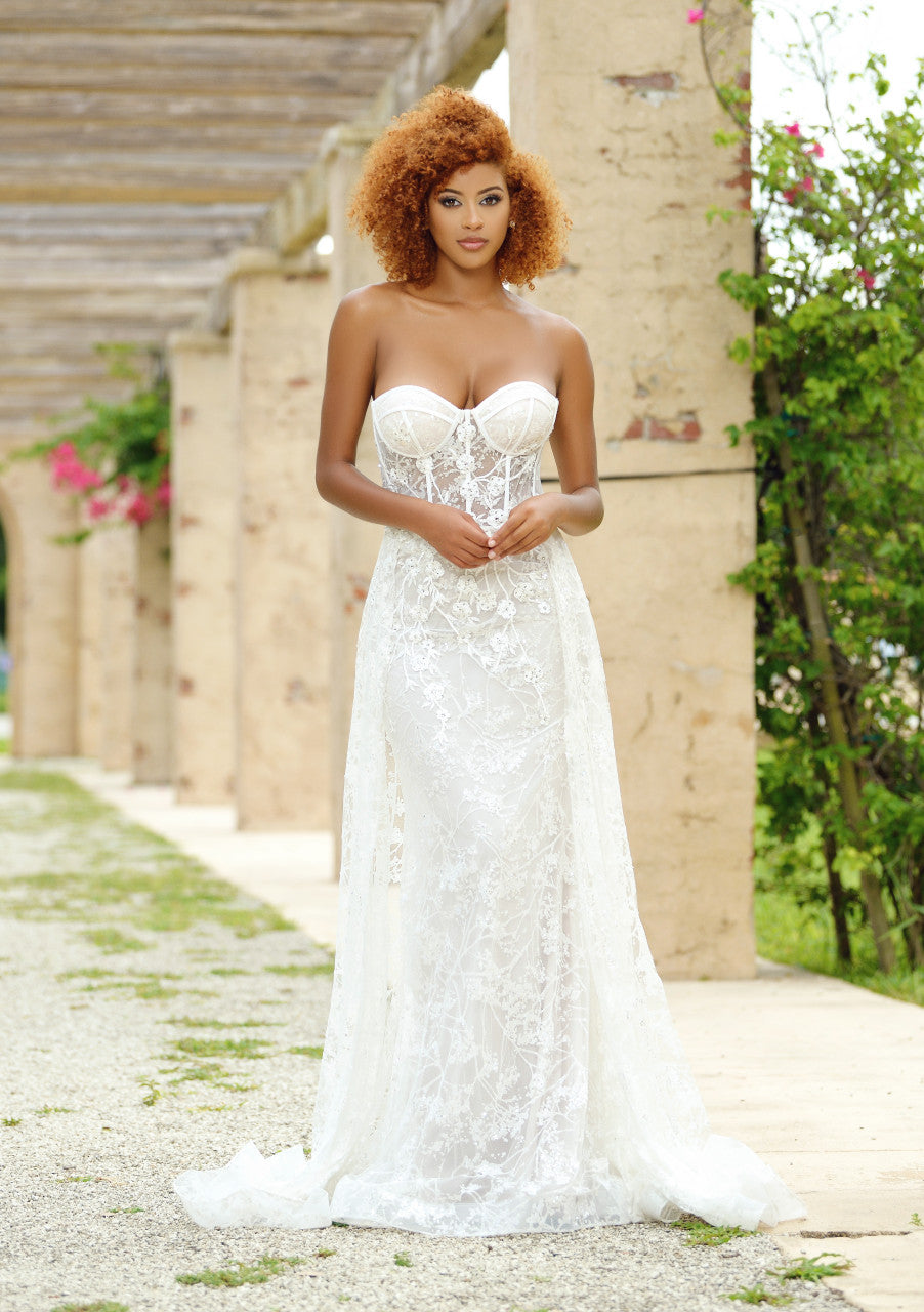 Nova Glitter Fitted Gown with Overskirt - White Formal Evening Dress for Prom, Wedding & Special Occasions