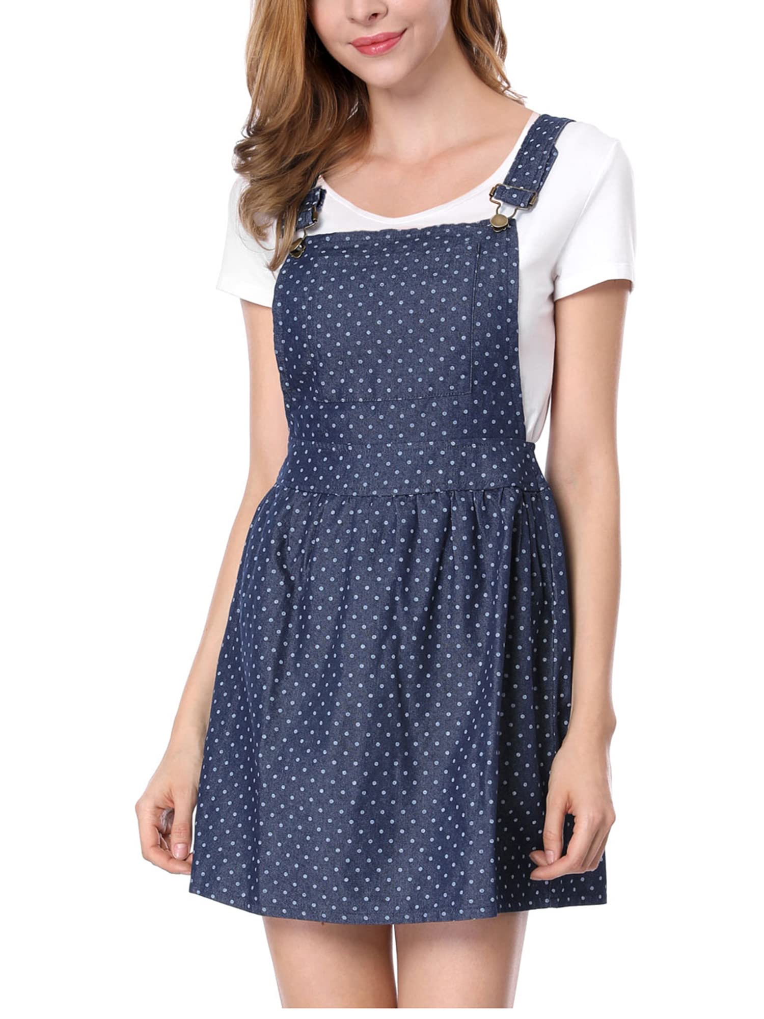 Allegra K Women's Printed Chambray Pinafore Dress with Adjustable Straps - Casual Mini Overalls for Spring Summer Outfits, Date Night & Music Festivals